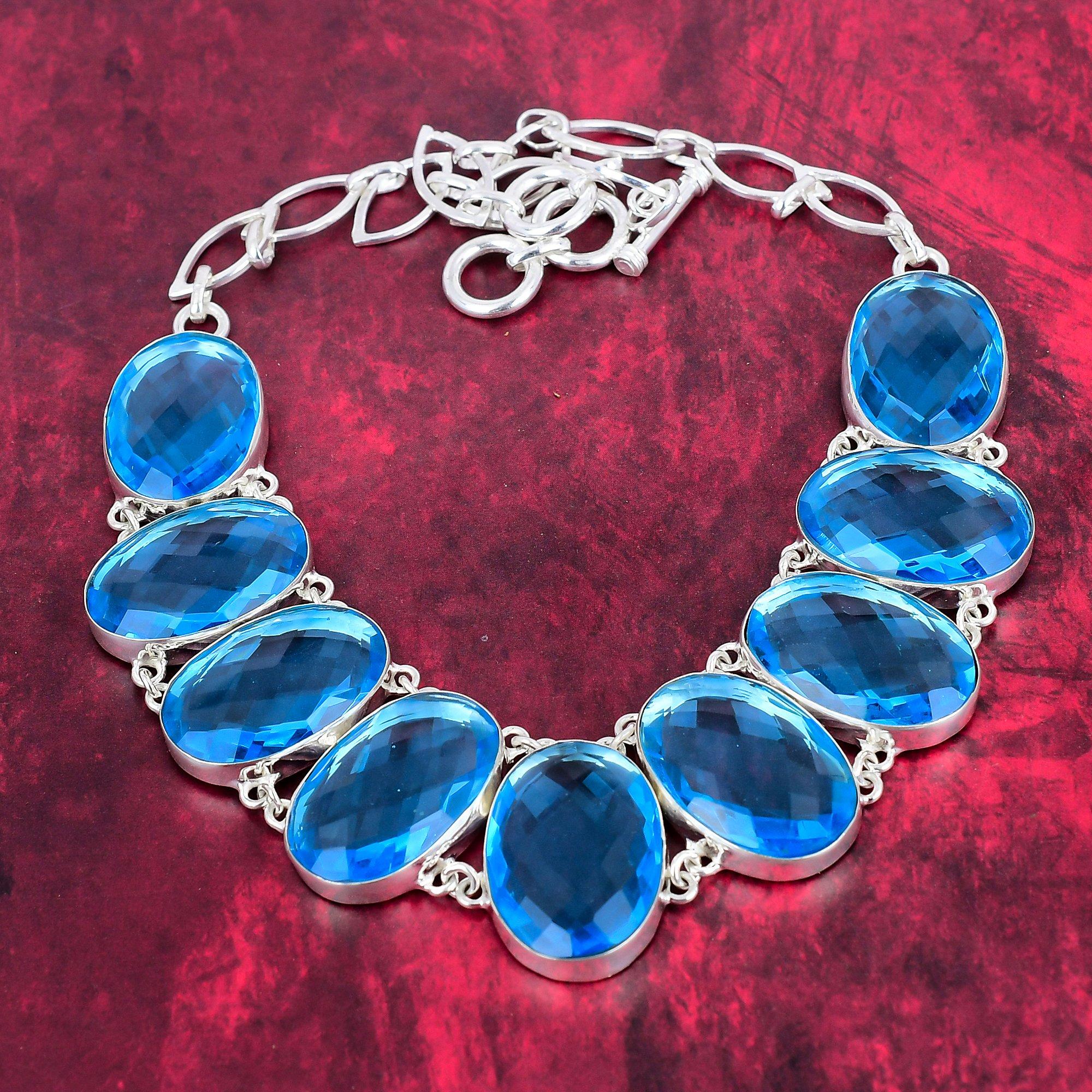 Colier lucrat manual cu piatră prețioasă cu topaz albastru fațetat, colier cu lanț reglabil din argint solid 925 Bijuterii frumoase pentru cadou