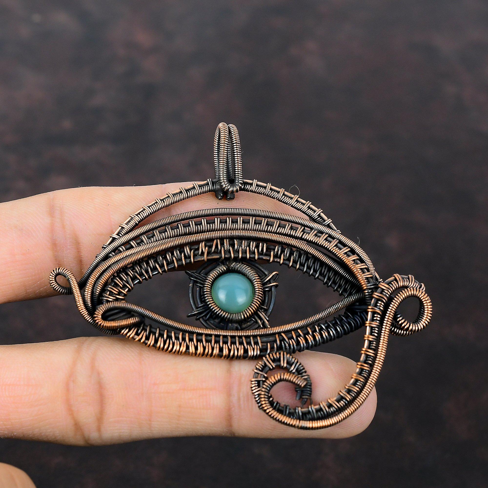 Pingente de água-marinha com mau-olhado, fio de cobre enrolado, pingente feito à mão, joia de cobre, presente para ele, pingente de pedra preciosa real, joia enrolada em fio