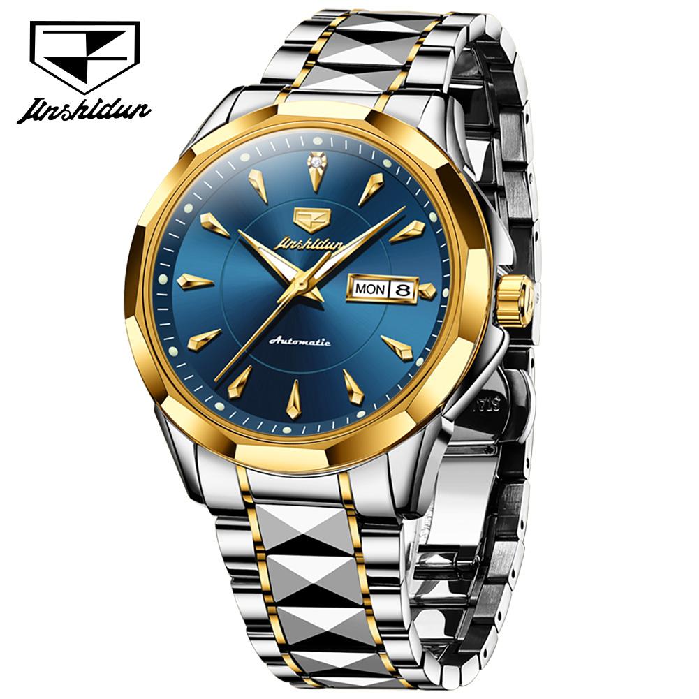 JINSHIDUN New Business og fritid herreklokke Automatisk mekanisk klokke Wolfram stål dobbel kalender lysende vanntett high-end klokke