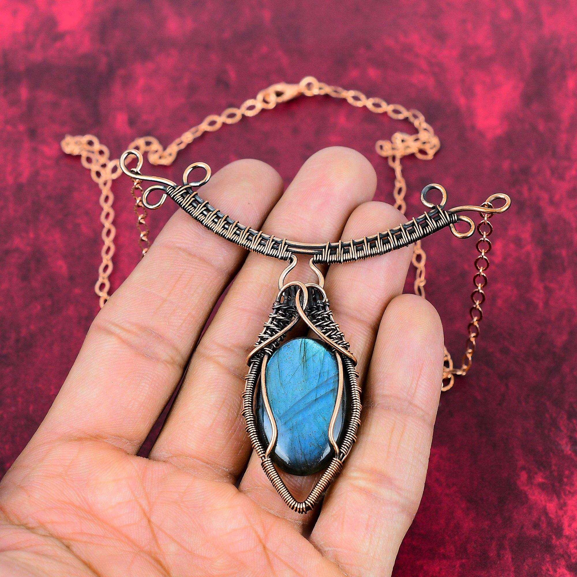 Labradorite Necklace Copper Wire Wrapped Necklace Adjustable Chain Necklace Elegant Copper Jewelry Handmade Gemstone Necklace Wedding Gifts