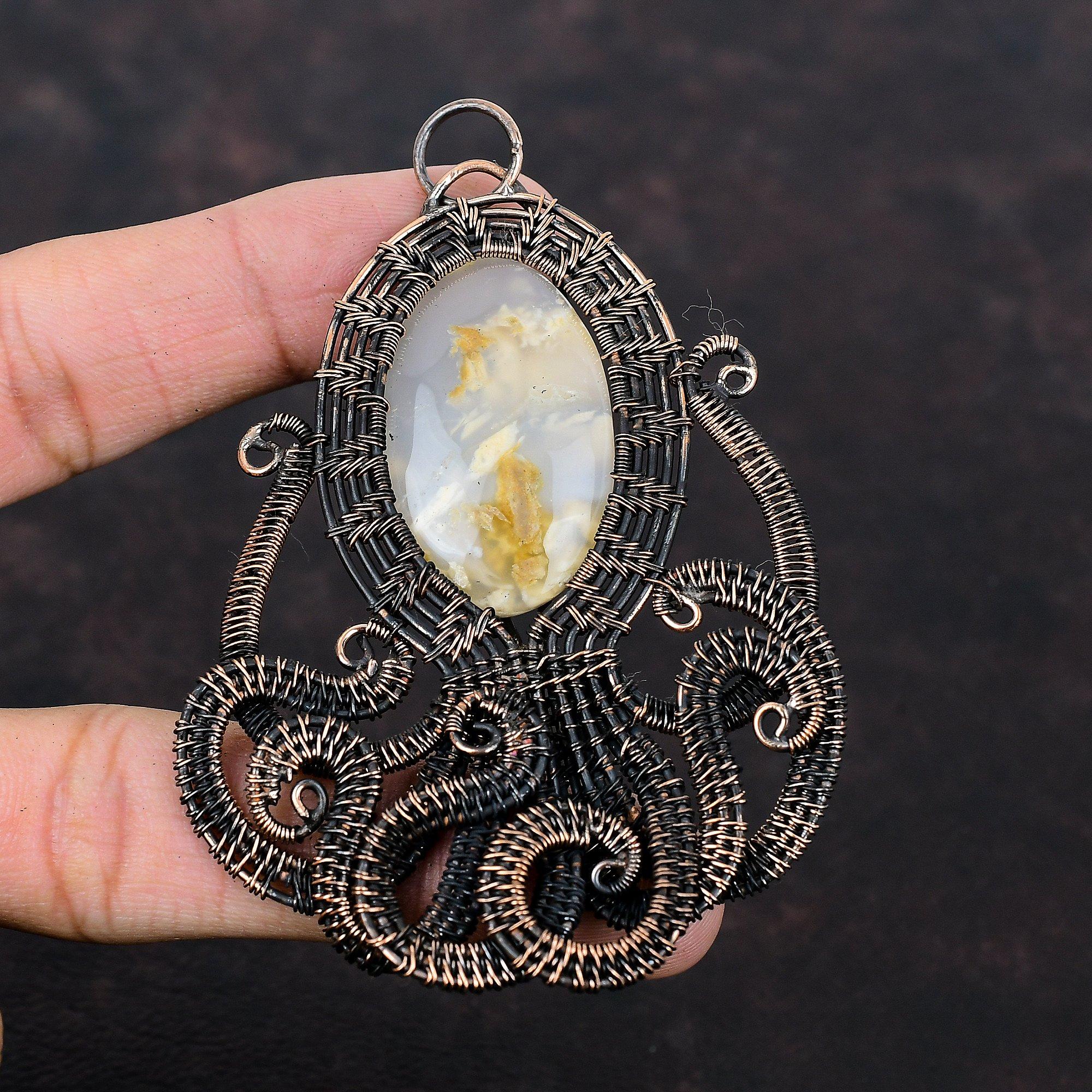 Plume Agate Pendant Copper Wire Wrapped Pendant Gemstone Octopus Jewelry Dainty Pendant Handmade Pendant Copper Wire Jewelry Engagement Gift