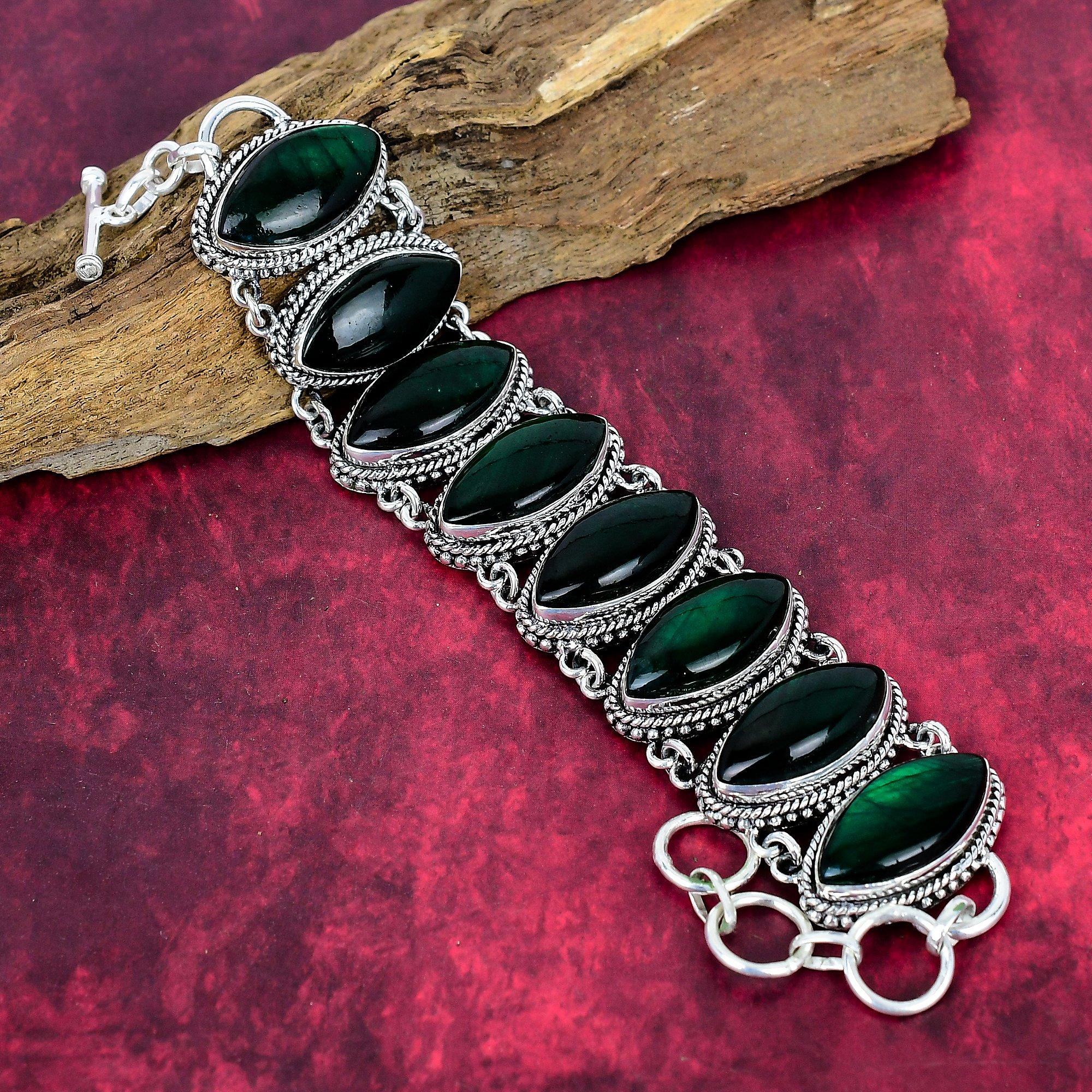Green Flash Labradorite Handmade Gemstone Bracelet, 925 Solid Sterling Silver Bracelet Antique Jewelry, Adjustable Chain Bracelet Engagement Gift