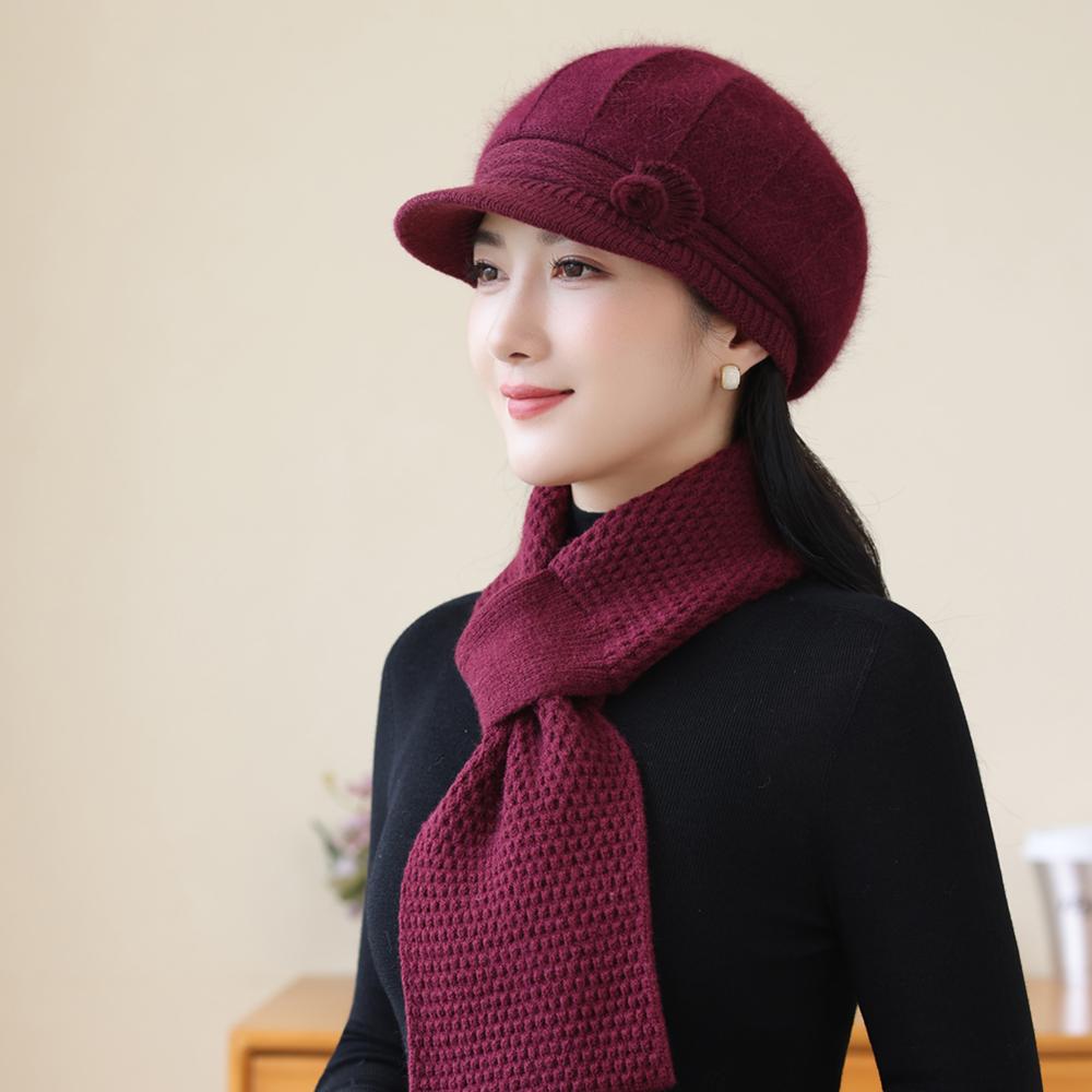 New Women Fashion Winter Warm Suit Female Dandy Hats For Women Casual Rabbit Fur Blend Knit Hat Winter Warm Cap Set