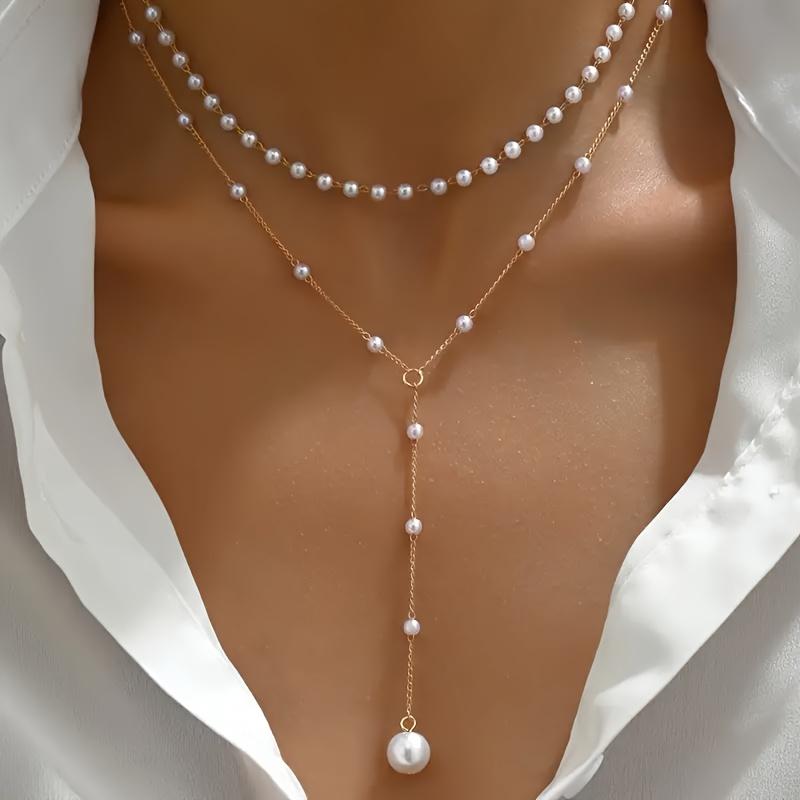 Elegant Layered Y-Shape Necklace with Faux Pearl Accents, Sexy Tassel Pendant, Iron Chain, No Plating - Versatile for Daily Wear & Parties