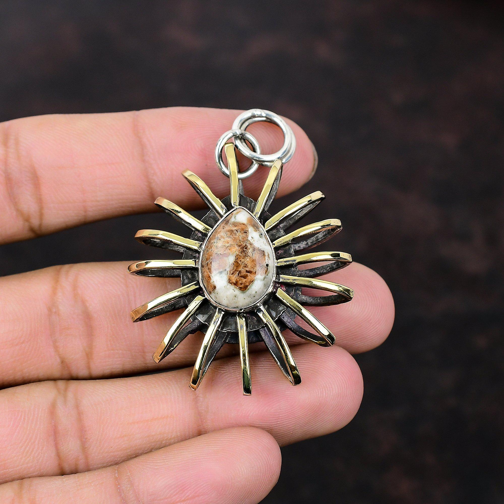 Spessartine Garnet In Limestone Pendant Gemstone Jewelry 925 Sterling Silver Pendant 18K Gold Plated Pendant Handmade Cage Pendant For Gifts