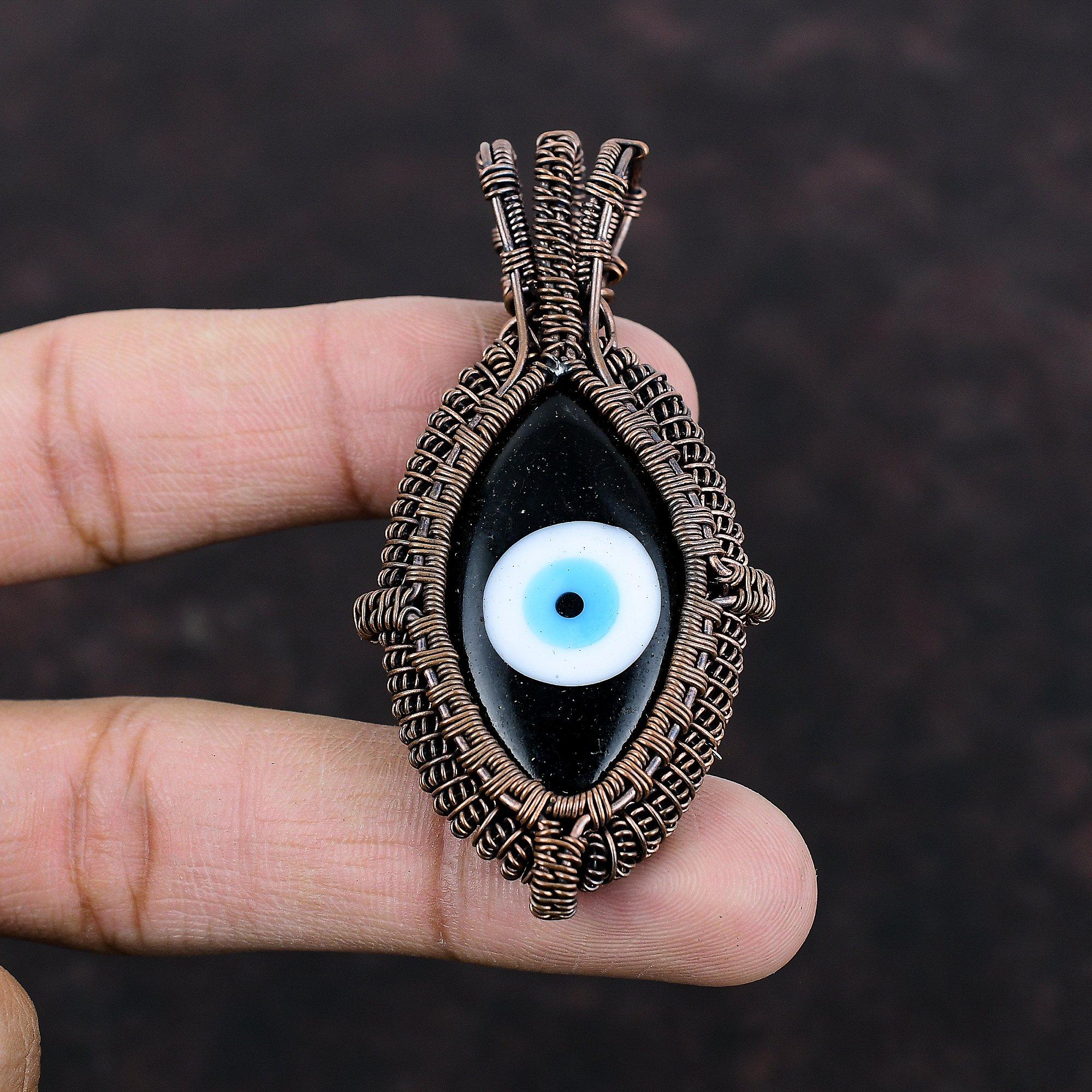 Pingente de mau olhado preto com fio de cobre enrolado, pingente de estilo único, joias com pedras preciosas enroladas, joias de cobre feitas à mão para presente