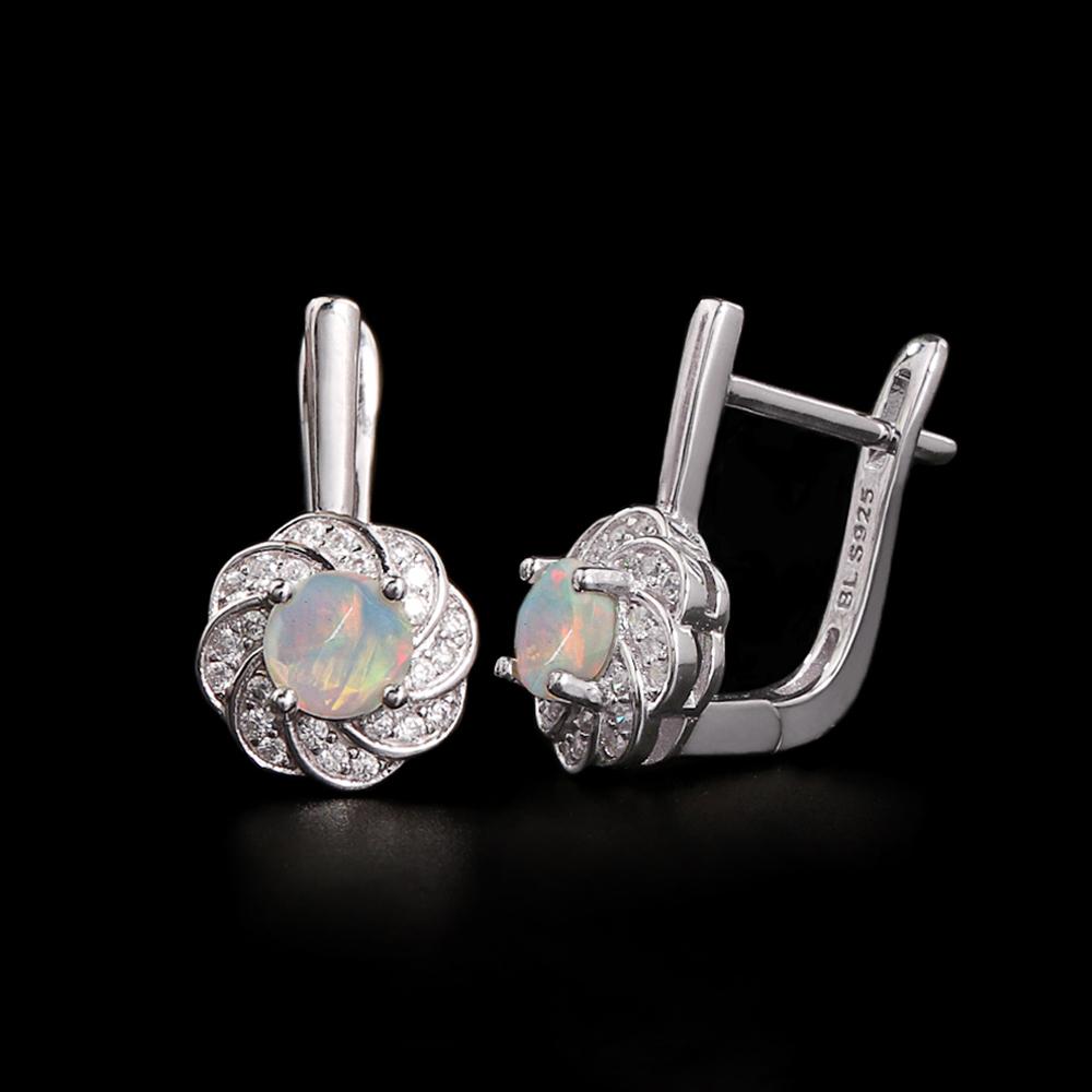 Elegant Flower Shape Design Clasp Earrings Natural Round 5.0mm Opal 925 Sterling Silver Fine Jewelry for Women's Birthday Gifts