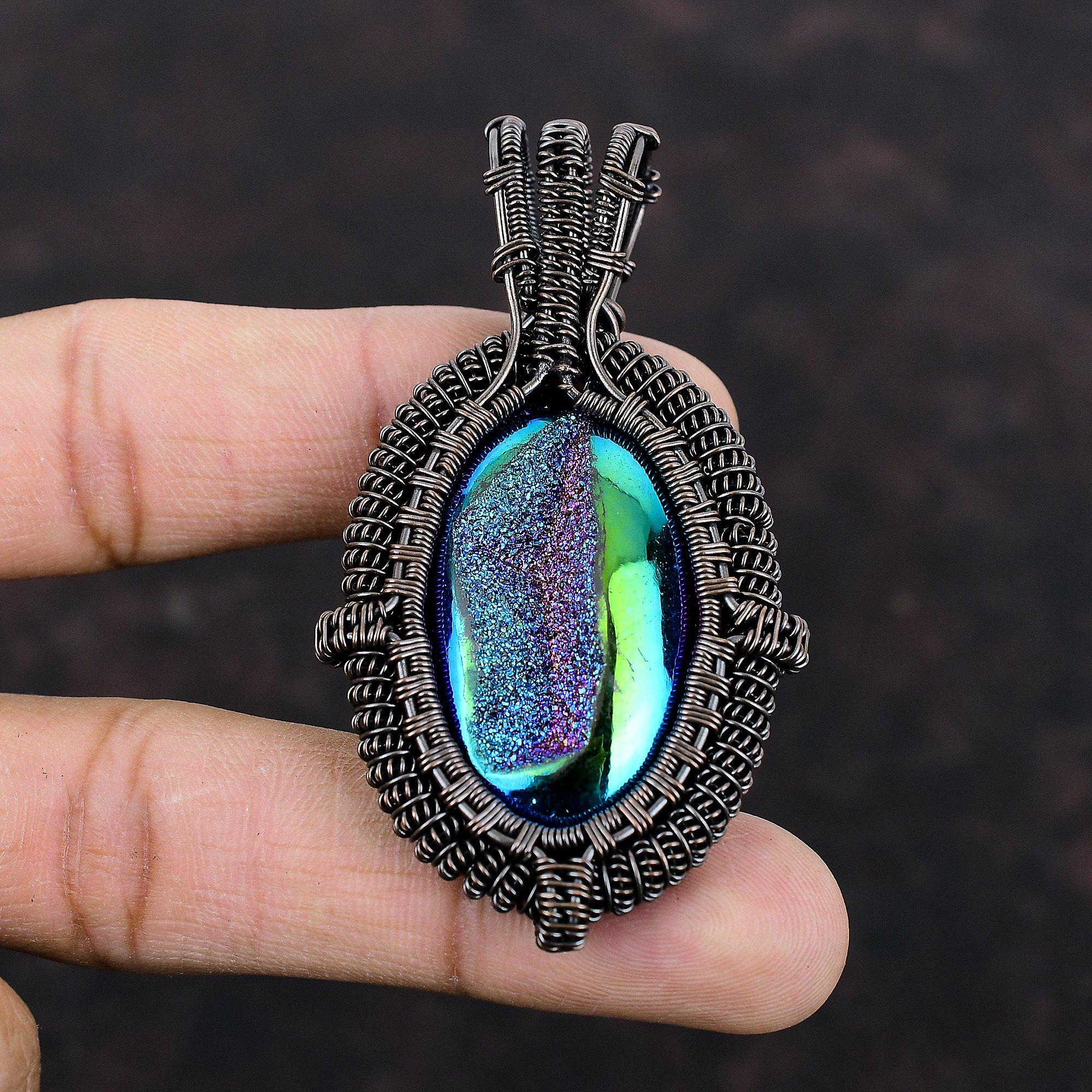 Titanium Druzy Pendant Copper Wire Wrapped Pendant Handmade Titanium Druzy Jewelry Gemstone Pendant Copper Wire Wrap Jewelry Gift For Mother