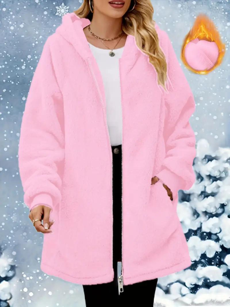Damen Plüsch Reißverschluss Jacke Mit Kapuze Locker Langarm Pelzig Strickjacke Winter