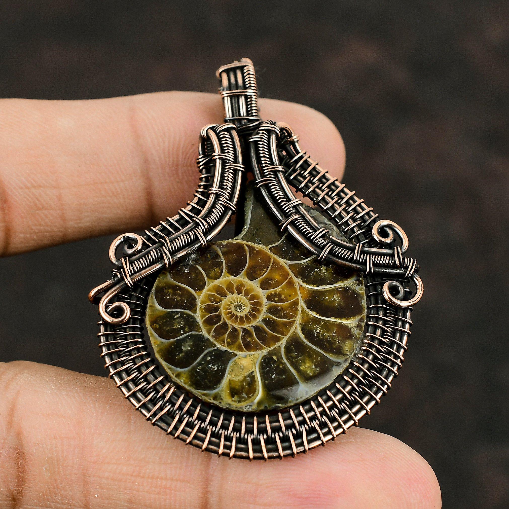 Ammonite Fossil Copper Pendant Copper Wire Wrapped Pendant Gemstone Copper Jewelry Handmade Pendant Gift For Friend Ammonite Fossil Jewelry