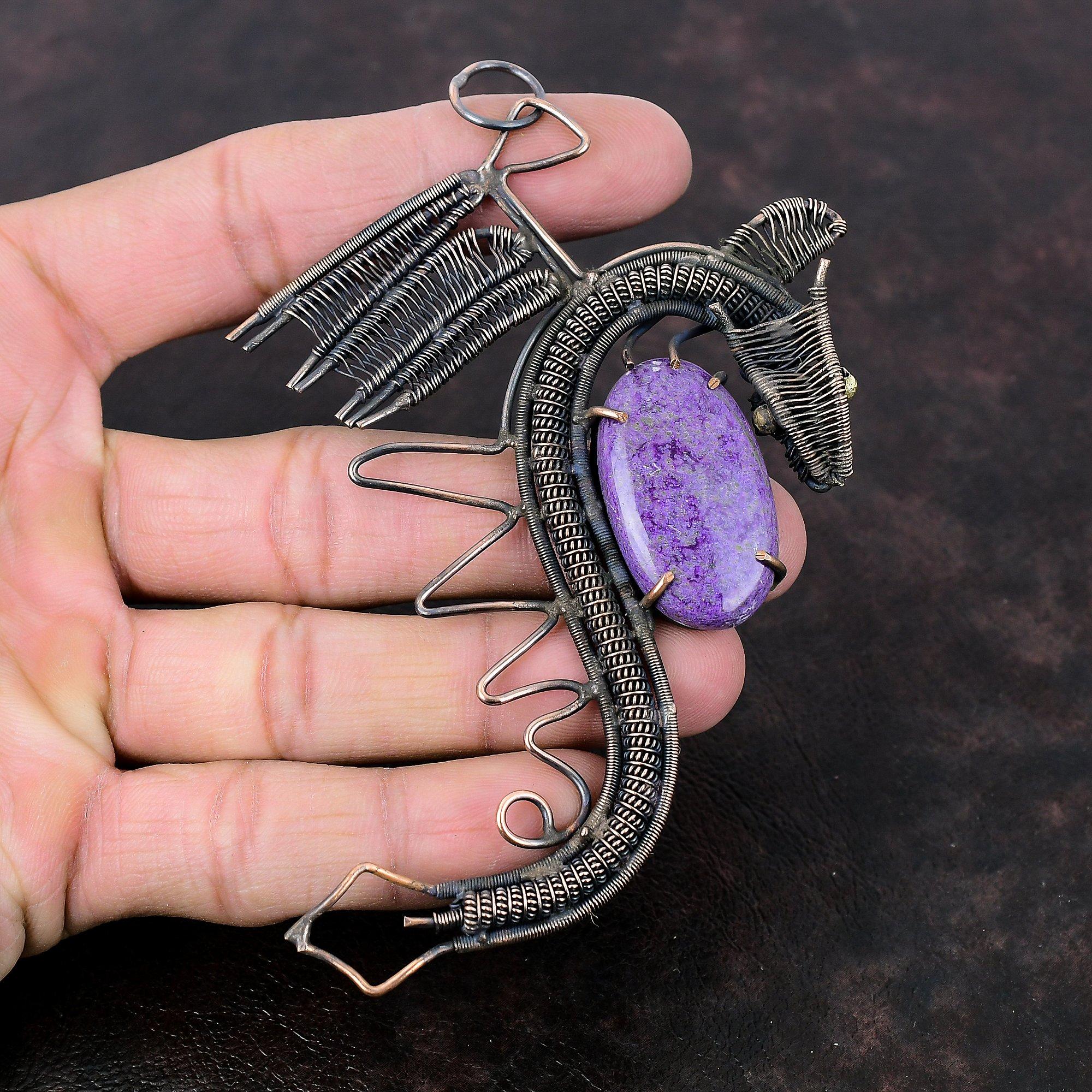 Pandantiv Purpurit Pandantiv Înfășurat în Sârmă de Cupru Pandantiv Dragon Pandantiv cu Piatră Prețioasă Bijuterii Handmade din Sârmă de Cupru Cadou Aniversar Pandantiv Elegant