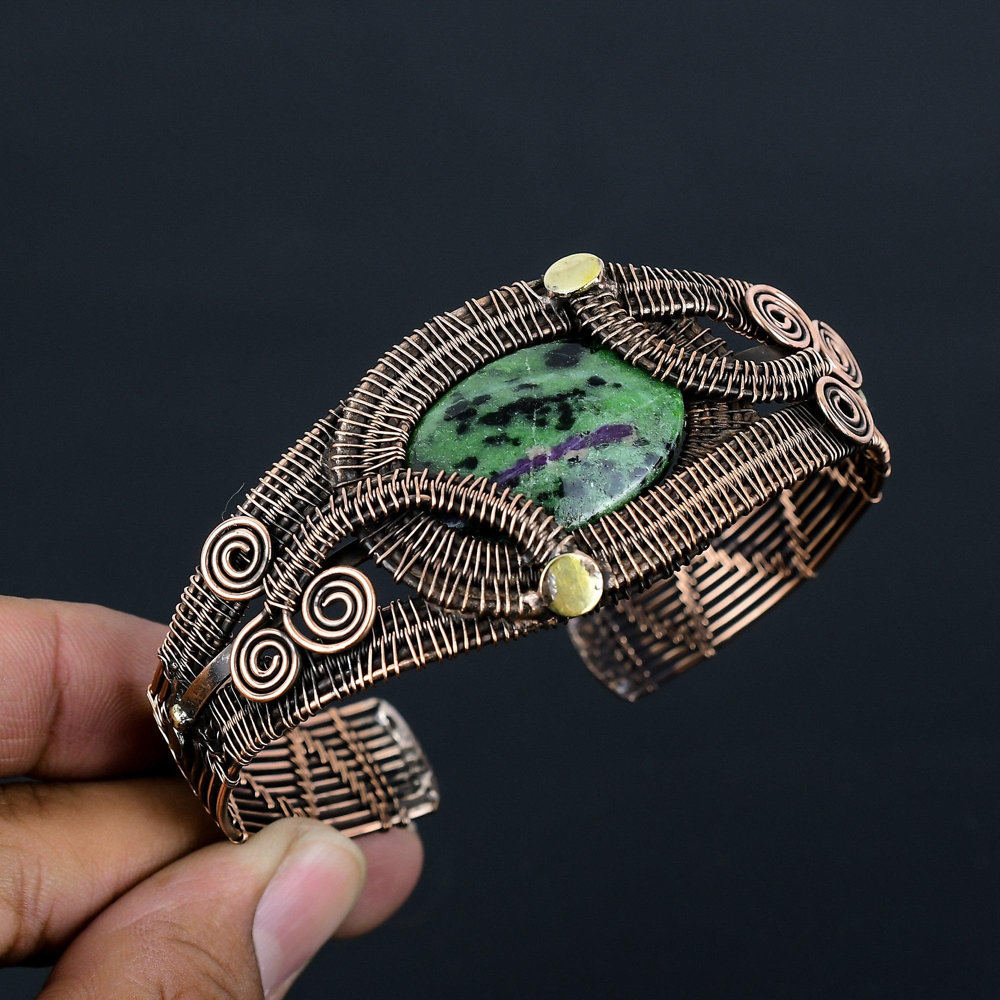 Ruby Zoisite Gemstone Pure Copper Wire Wrapped Handmade Cuff/Bangle Jewelry