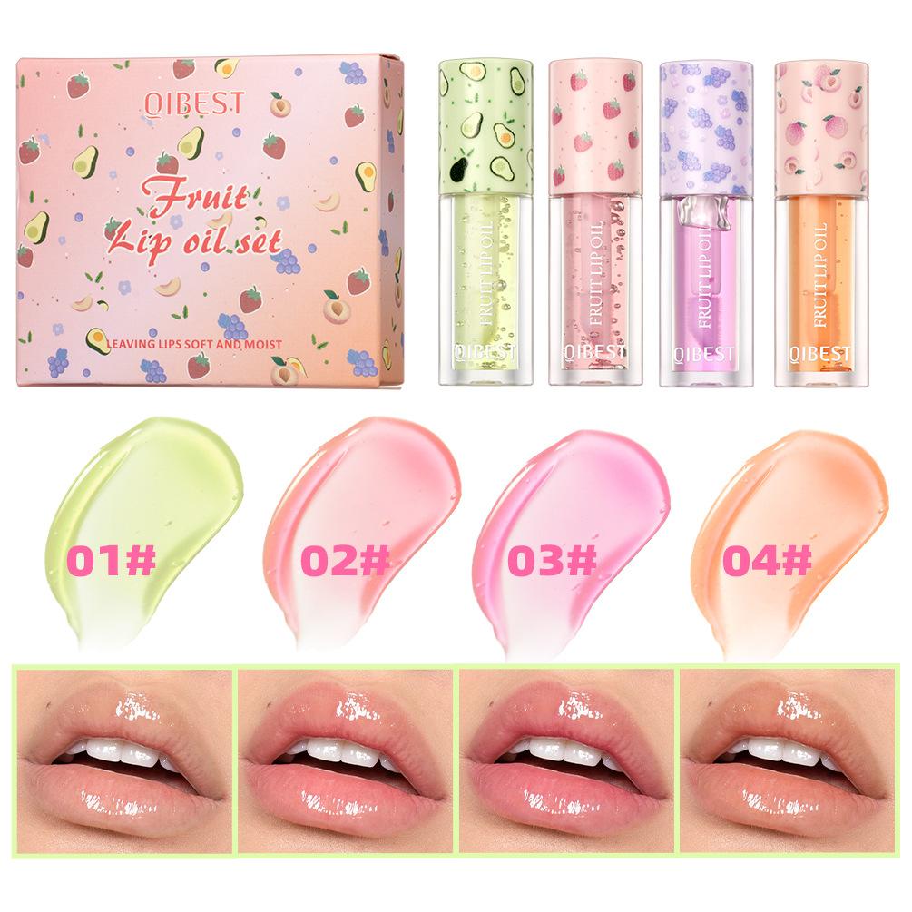 4 Kinds of Fruit Flavor Hydrating and Moisturizing Lip Plumping Water Transparent Lip Gloss Gloss Mirror Lip Oil Set