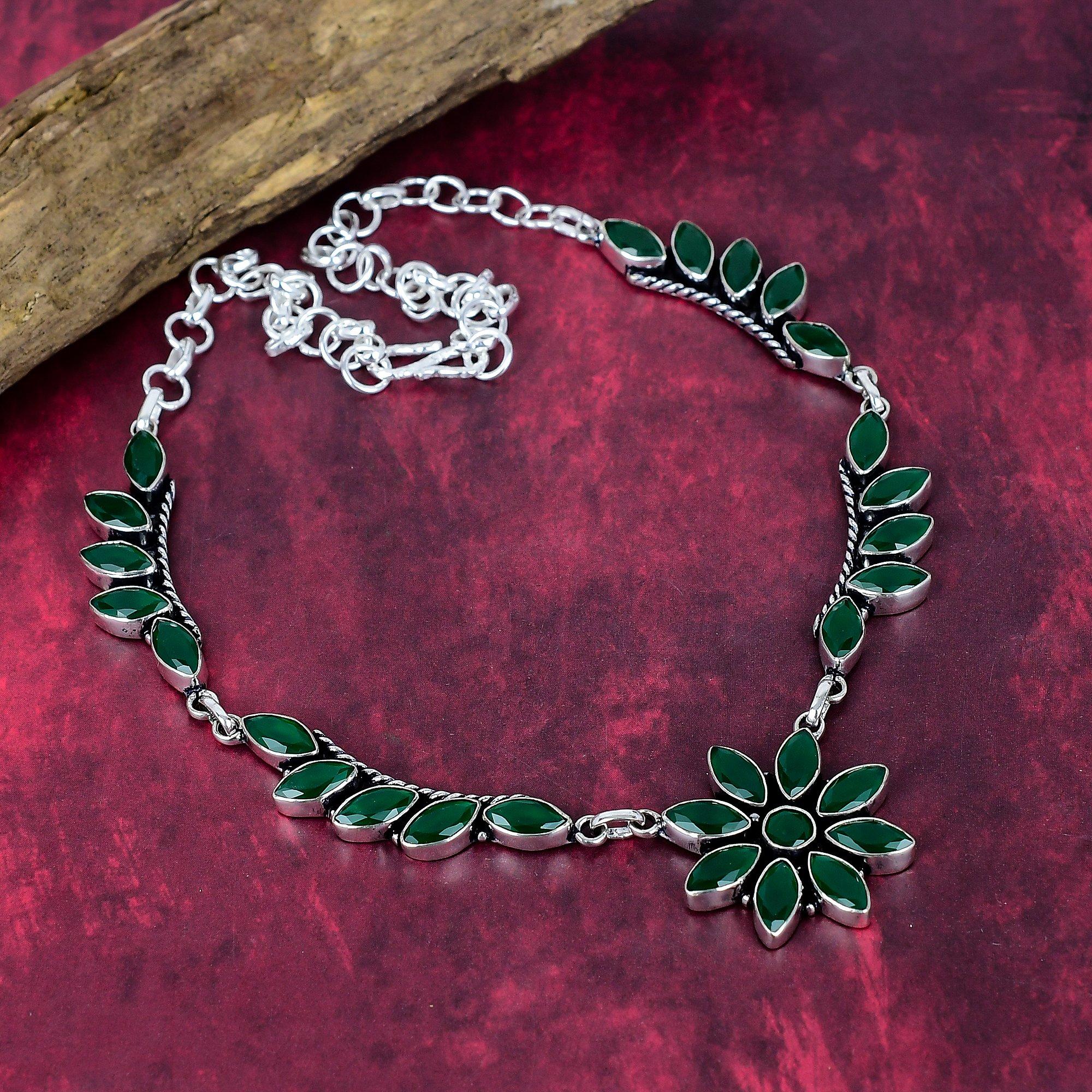 Faceted Green Onyx Handmade Gemstone Necklace, 925 Solid Sterling Silver Necklace Antique Jewelry, For Engagement Gift