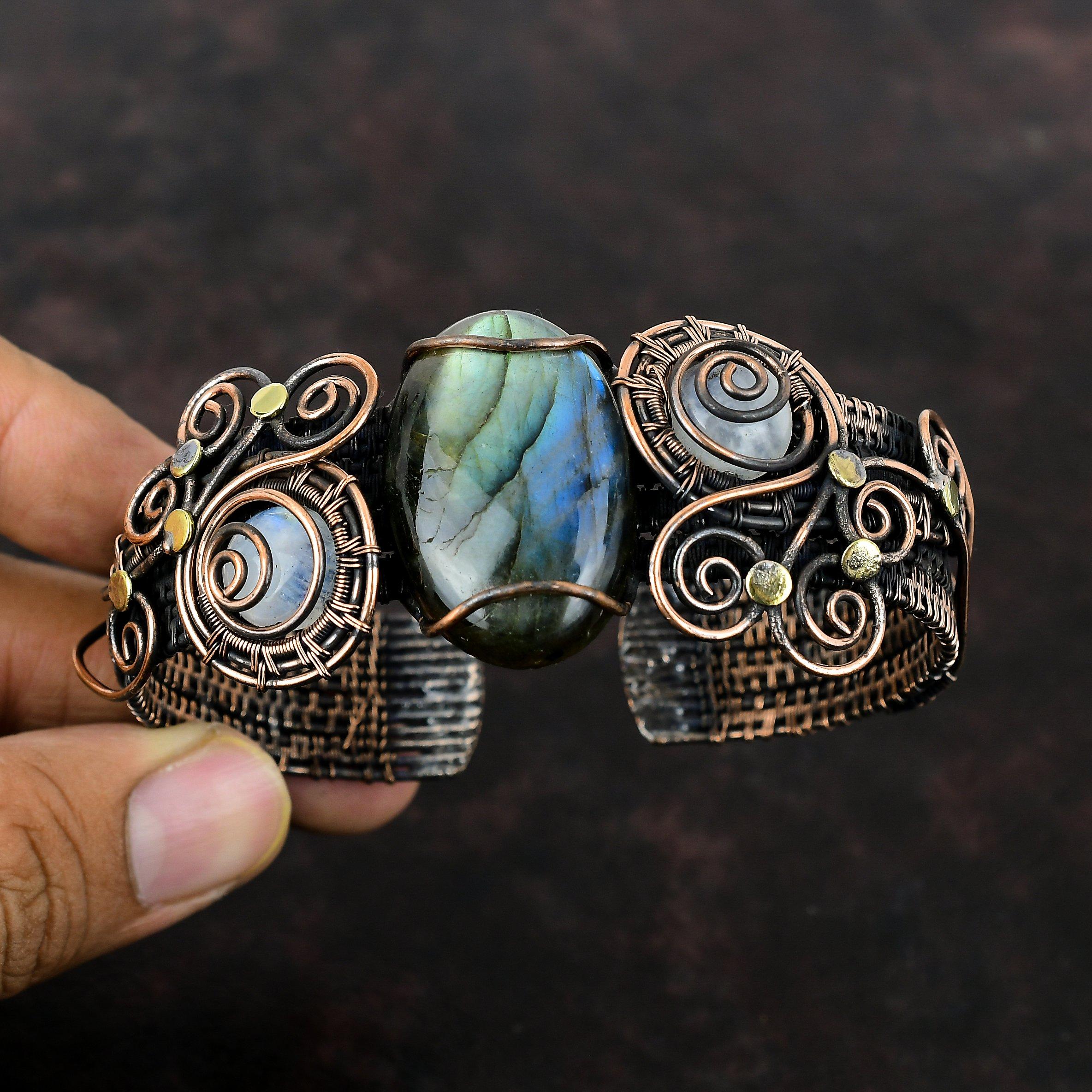 Labradorite Cuff Bracelet Copper Wire Wrapped Bangle Rainbow Moonstone Bangle Gemstone Adjustable Cuff Handmade Copper Jewelry Gift For Him