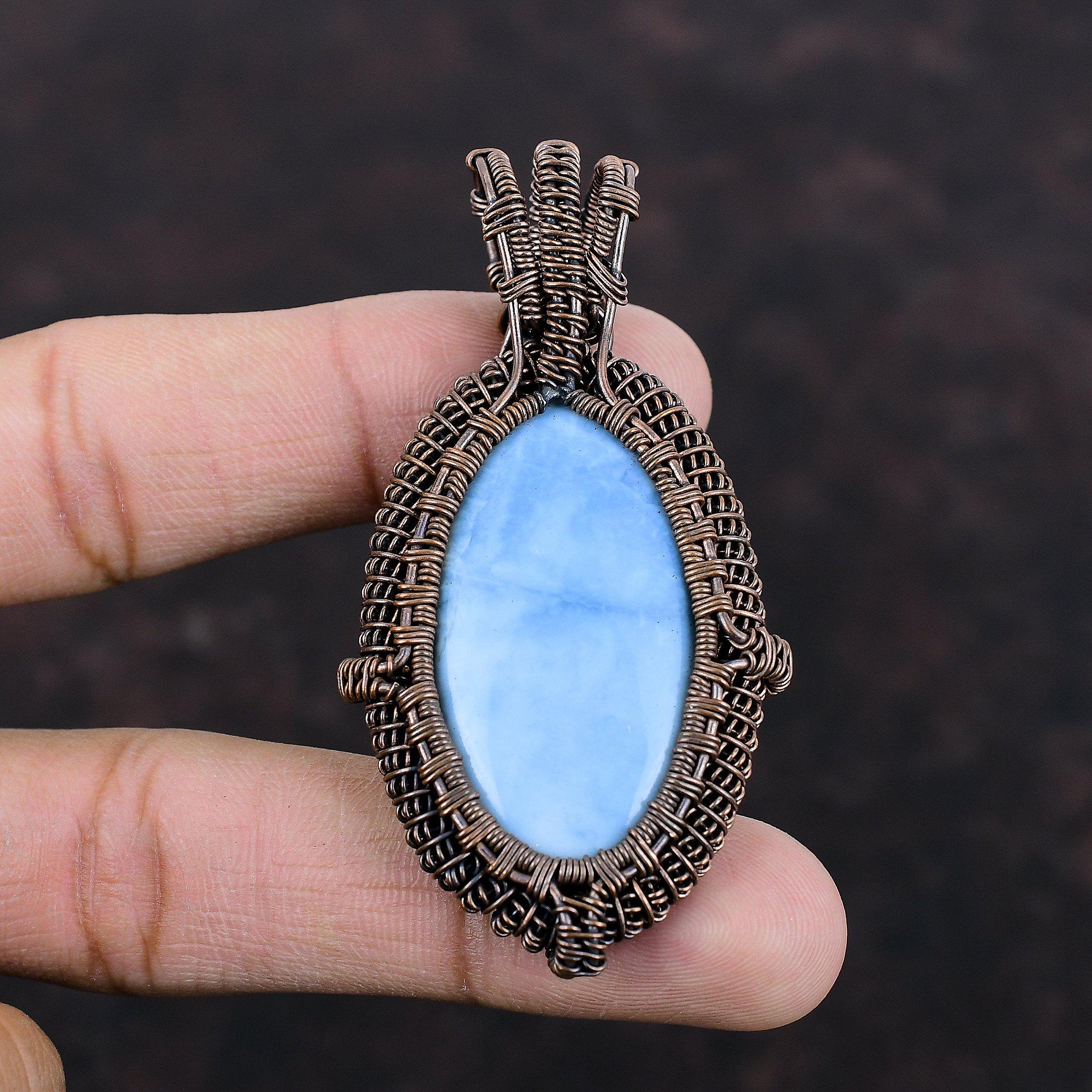 Owyhee Blauer Opal Anhänger Kupferdraht umwickelter Edelsteinanhänger Handgefertigter Schmuck Eleganter Anhänger Kupferdrahtschmuck Geschenk für Ihn Boho Anhänger