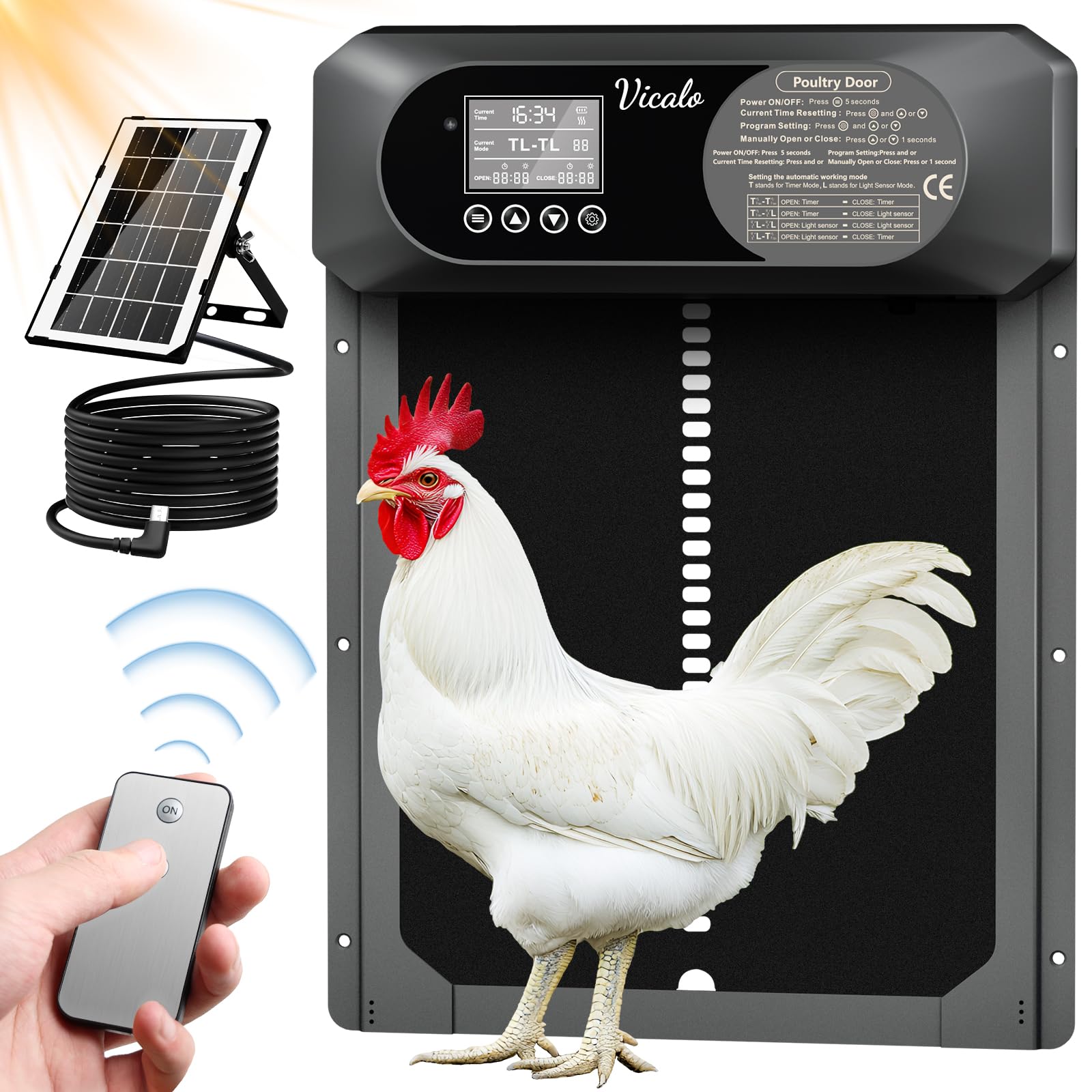 Automatic Chicken Coop Door with Solar & Timer - Heavy Duty Weatherproof Poultry Door Opener, Adjustable Height for Hens/Ducks