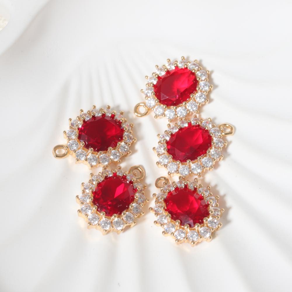 Copper Oval Red Zirconia Charms 2pcs for DIY Jewelry Making