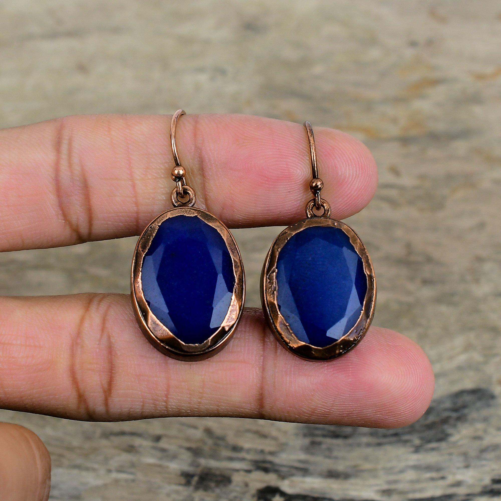 Facettierter Blauer Saphir Ohrring Elektrogeformte Kupferohrringe Handgefertigter Edelsteinschmuck Einzigartige Ohrringe Elektrogeformter Schmuck Verlobungsgeschenke