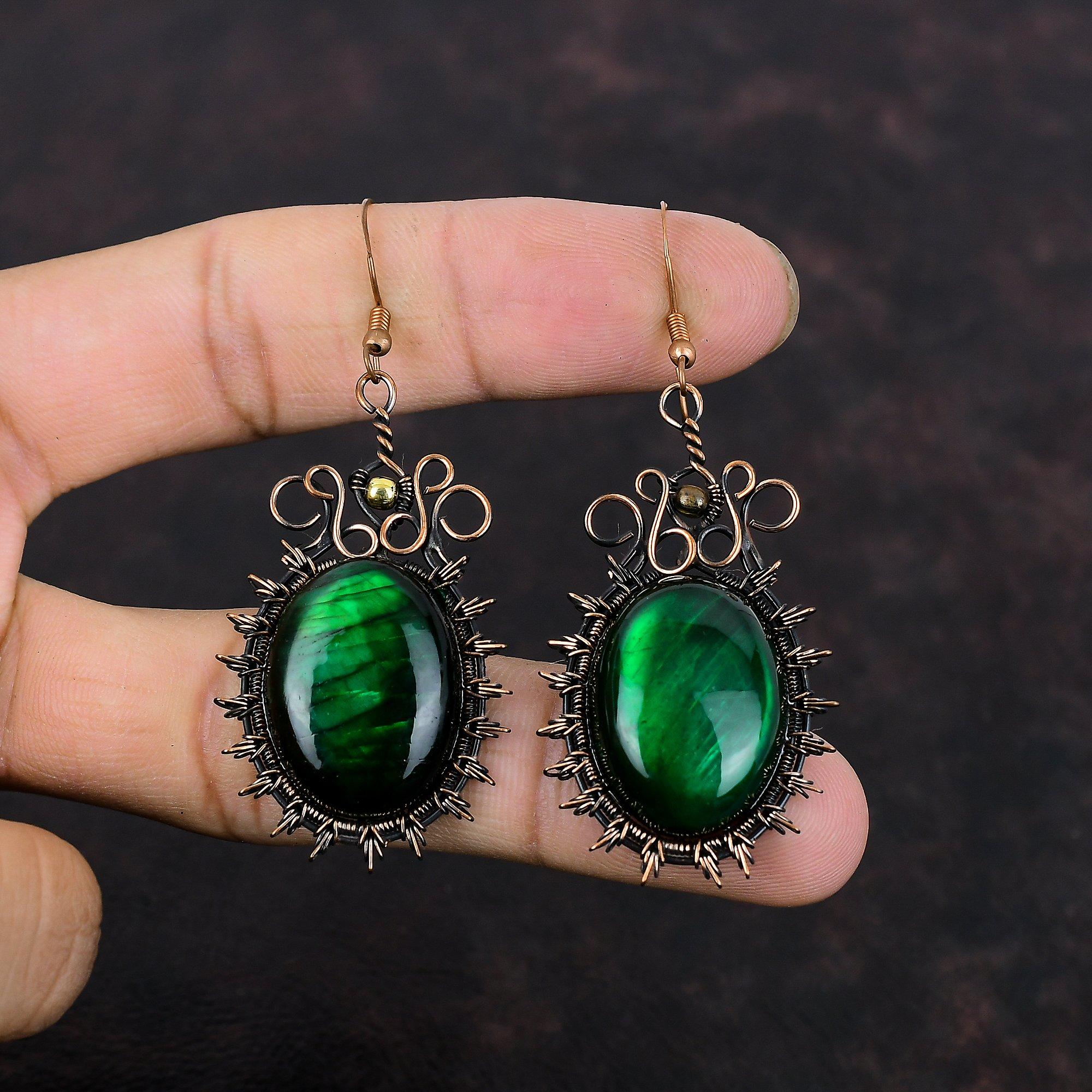 Green Fire Labradorite Earring Copper Wire Wrapped Earring Natural Gemstone Earrings Copper Jewelry Handmade Brand New Earring Gift For Mom