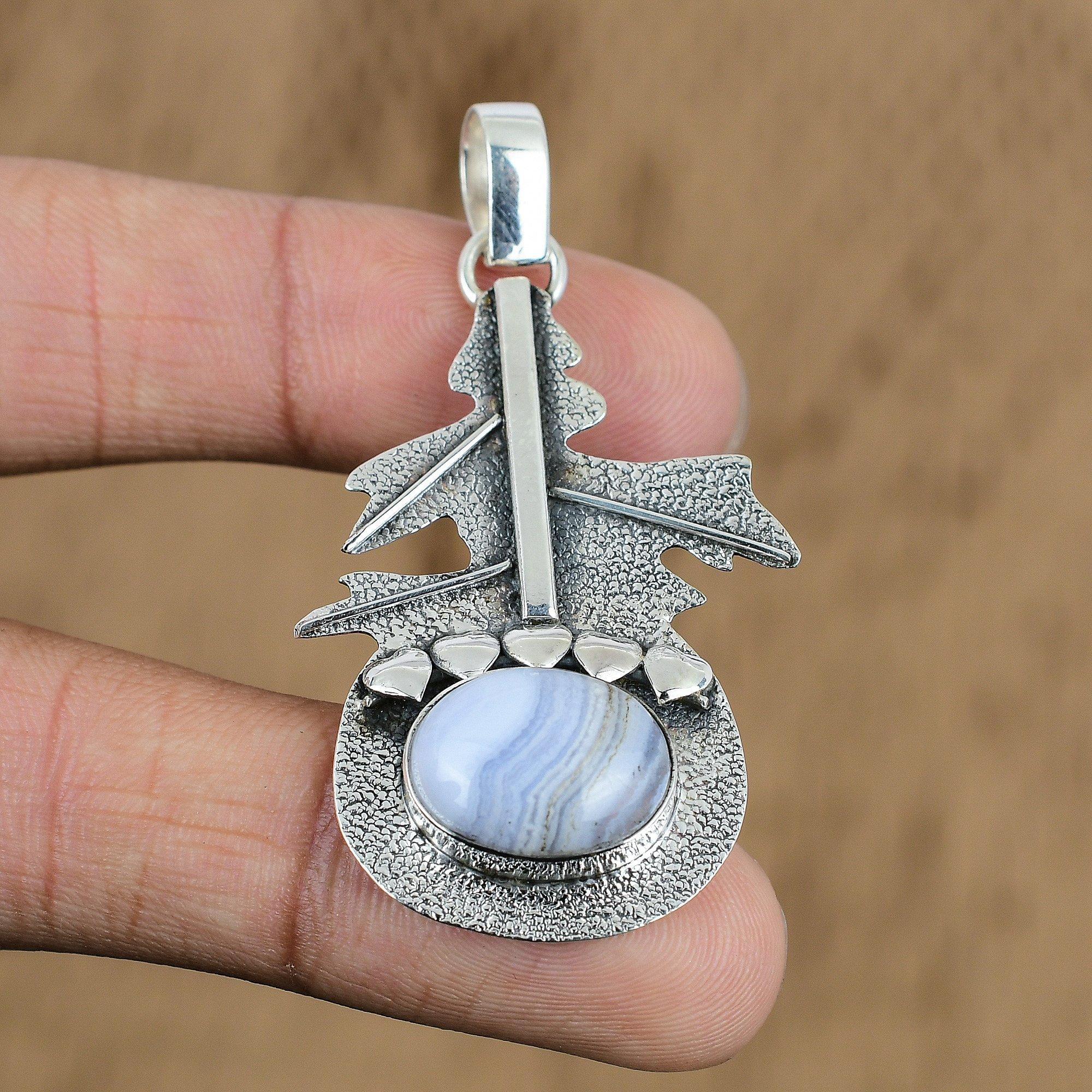 Natural Blue Lace Agate Gemstone Jewelry 925 Sterling Silver Pendant For Women