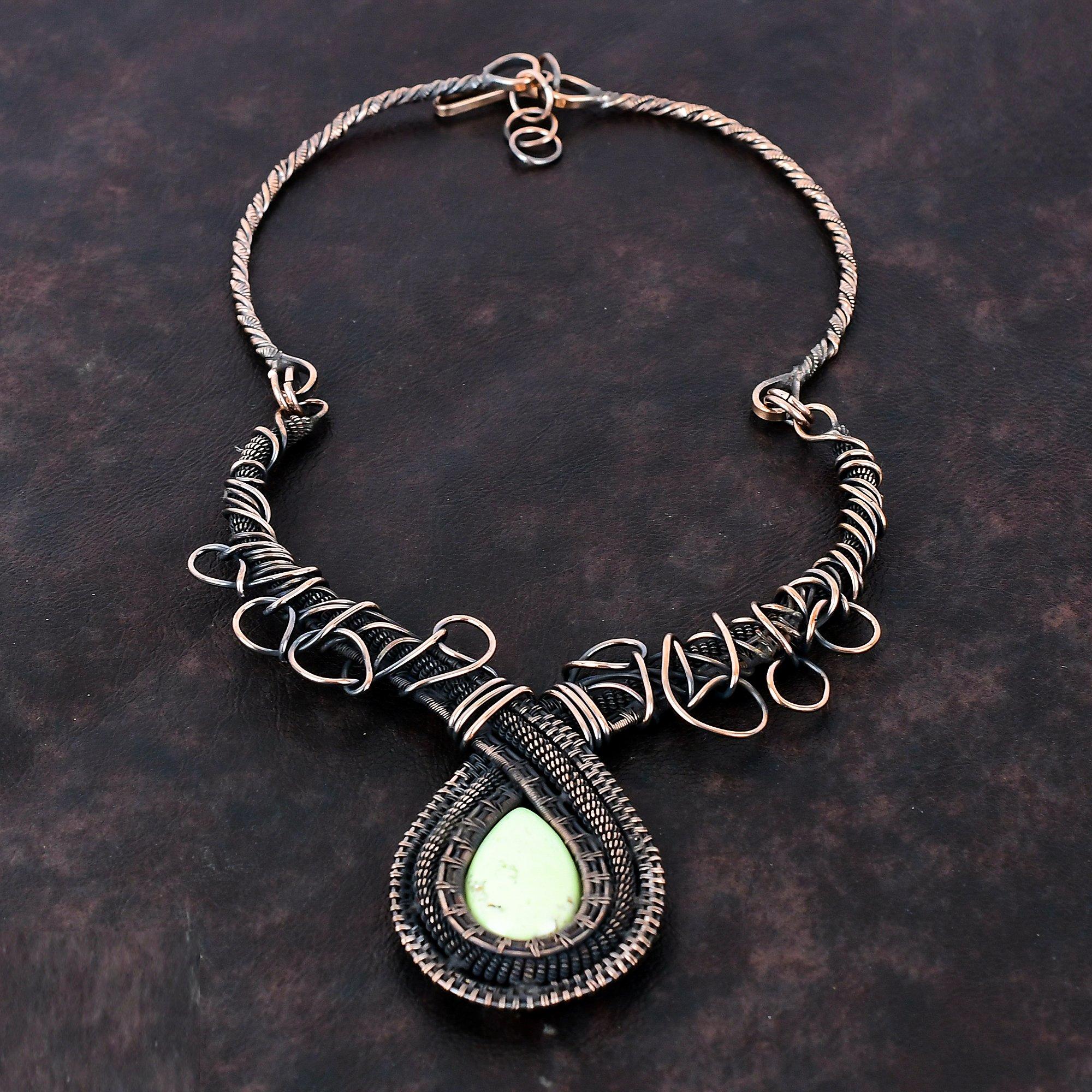 Lemon Chrysoprase Necklace Copper Wire Wrapped Necklace Handmade Gemstone Necklace Beautiful Copper Jewelry Adjustable Necklace Gift For Mom