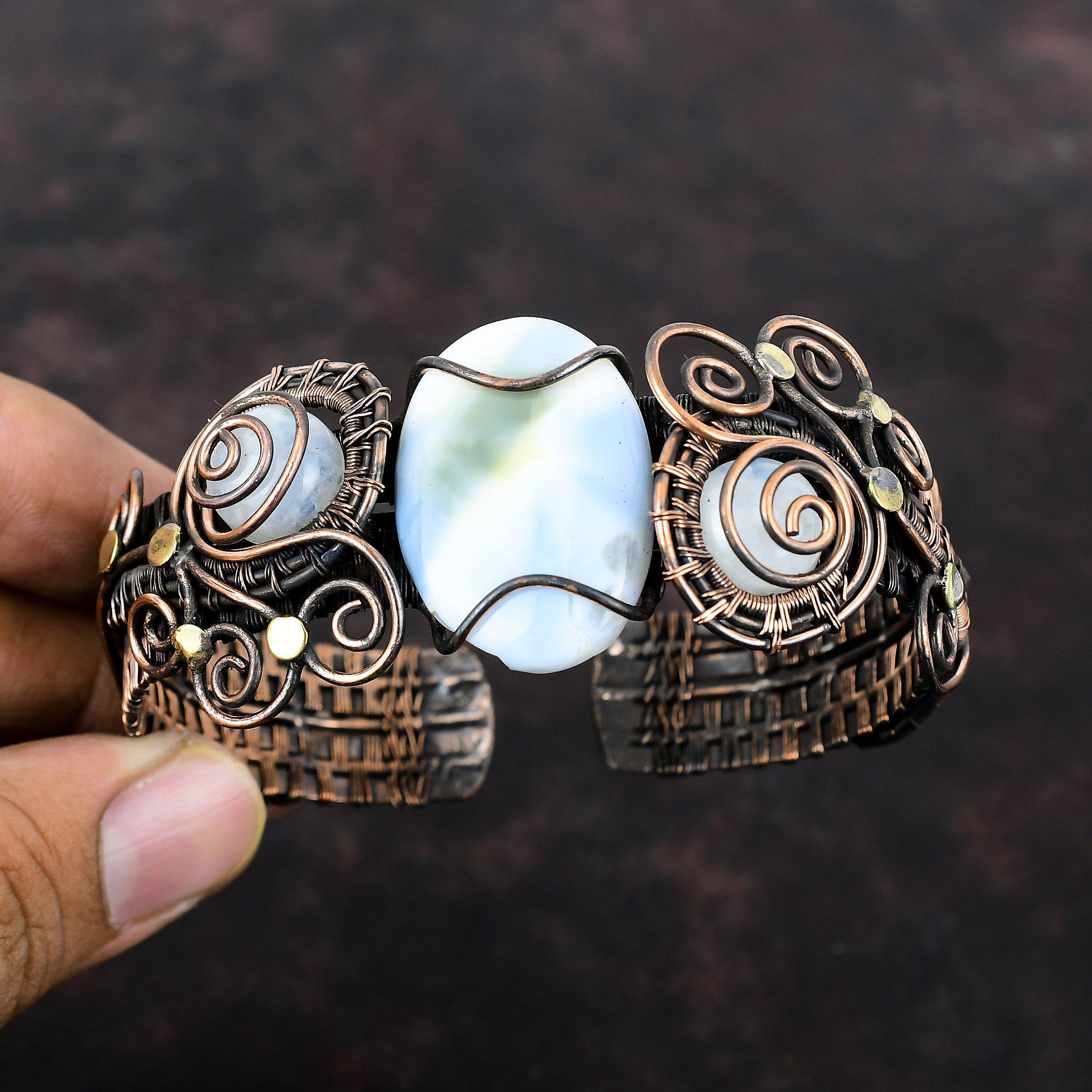 Owyhee Blue Opal Cuff Bracelet Rainbow Moonstone Bangle Copper Wire Wrapped Cuff Bracelet Handmade Adjustable Bangle Gemstone Copper Jewelry