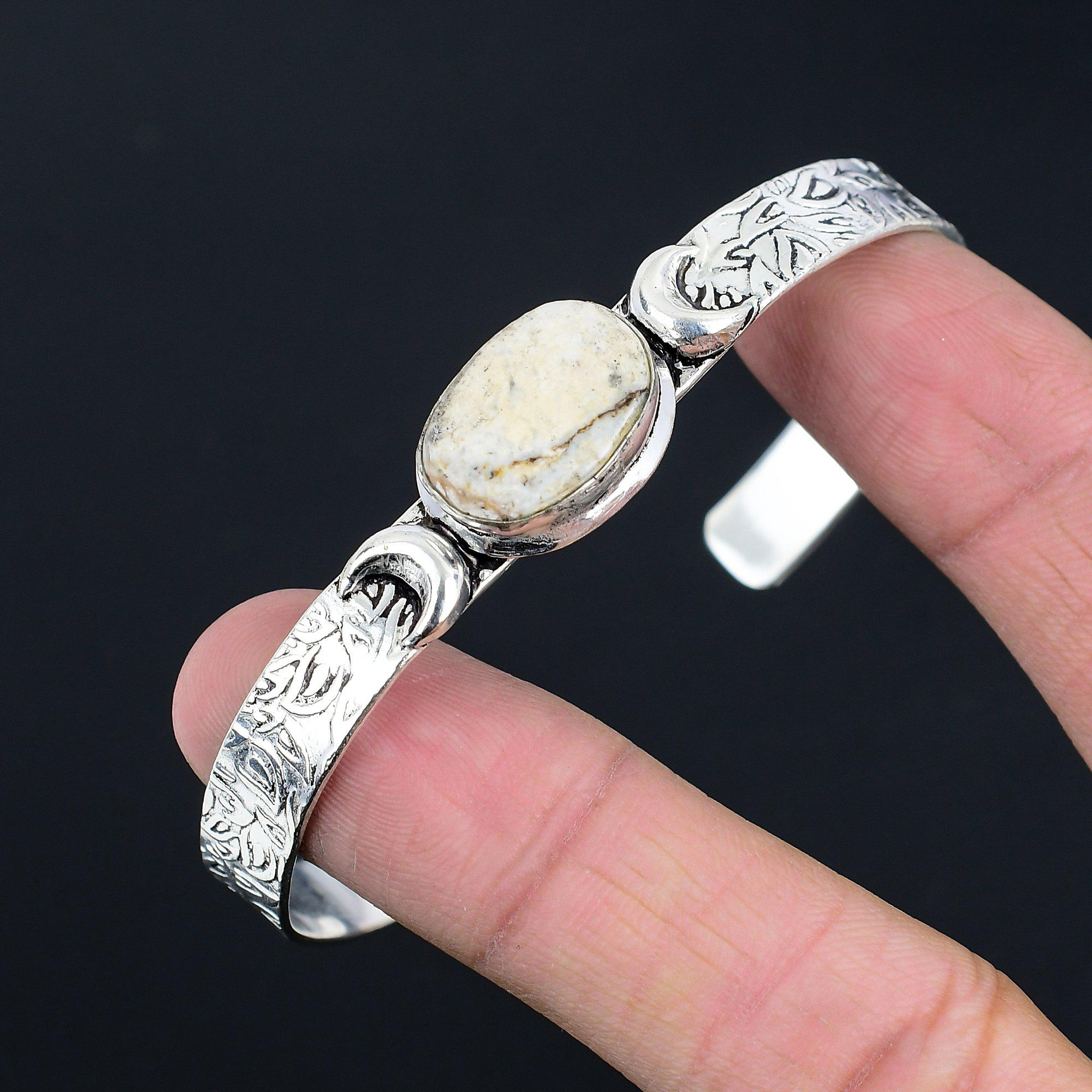 Bracelet d'engagement en argent 925 avec gemme Dendrite Tigre Ovale en forme de croissant de lune