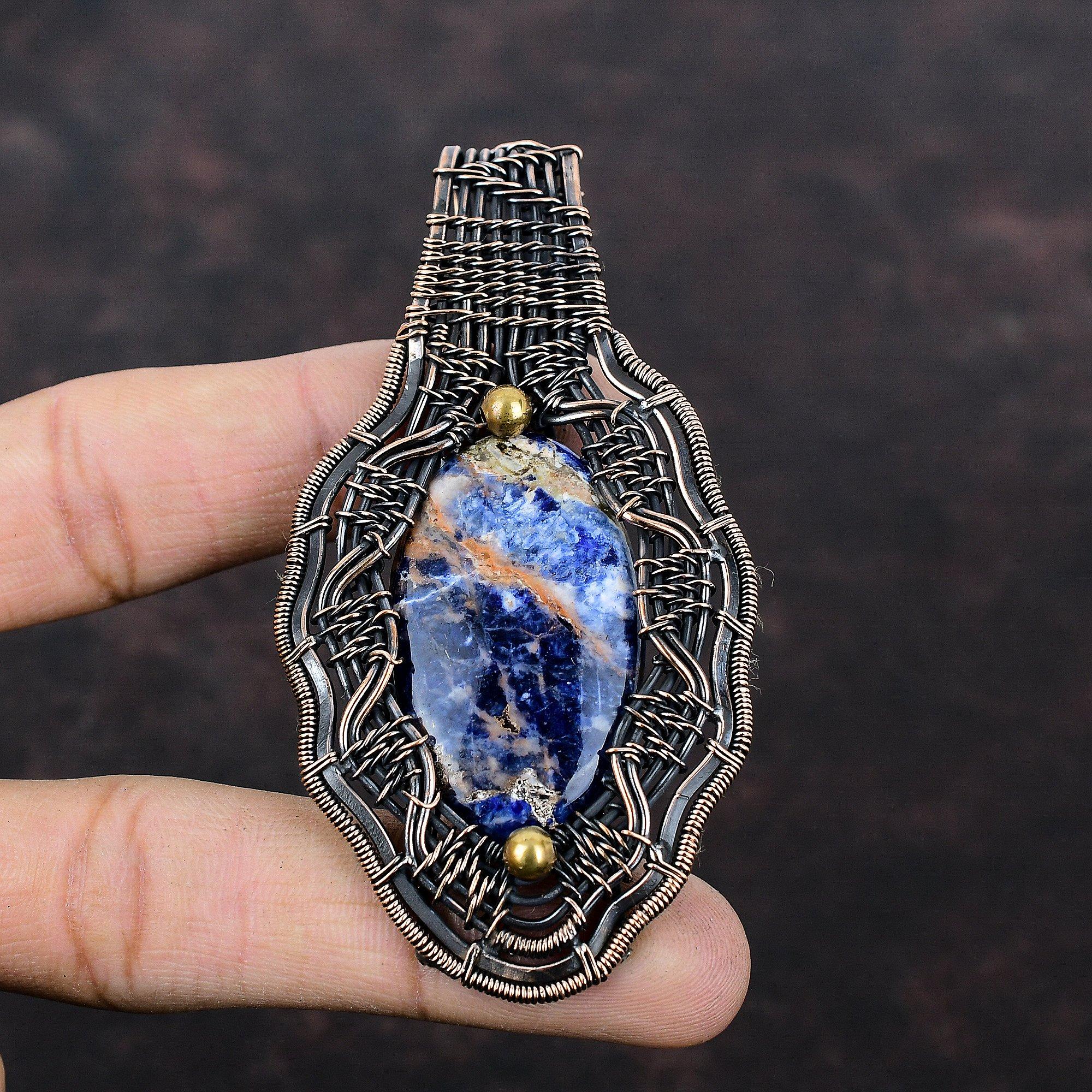 Sodalite Gemstone Pendant Copper Wire Wrapped Pendant Copper Jewelry Handmade Pendant Unique Style Pendant Gift For Him Wire Wrapped Jewelry