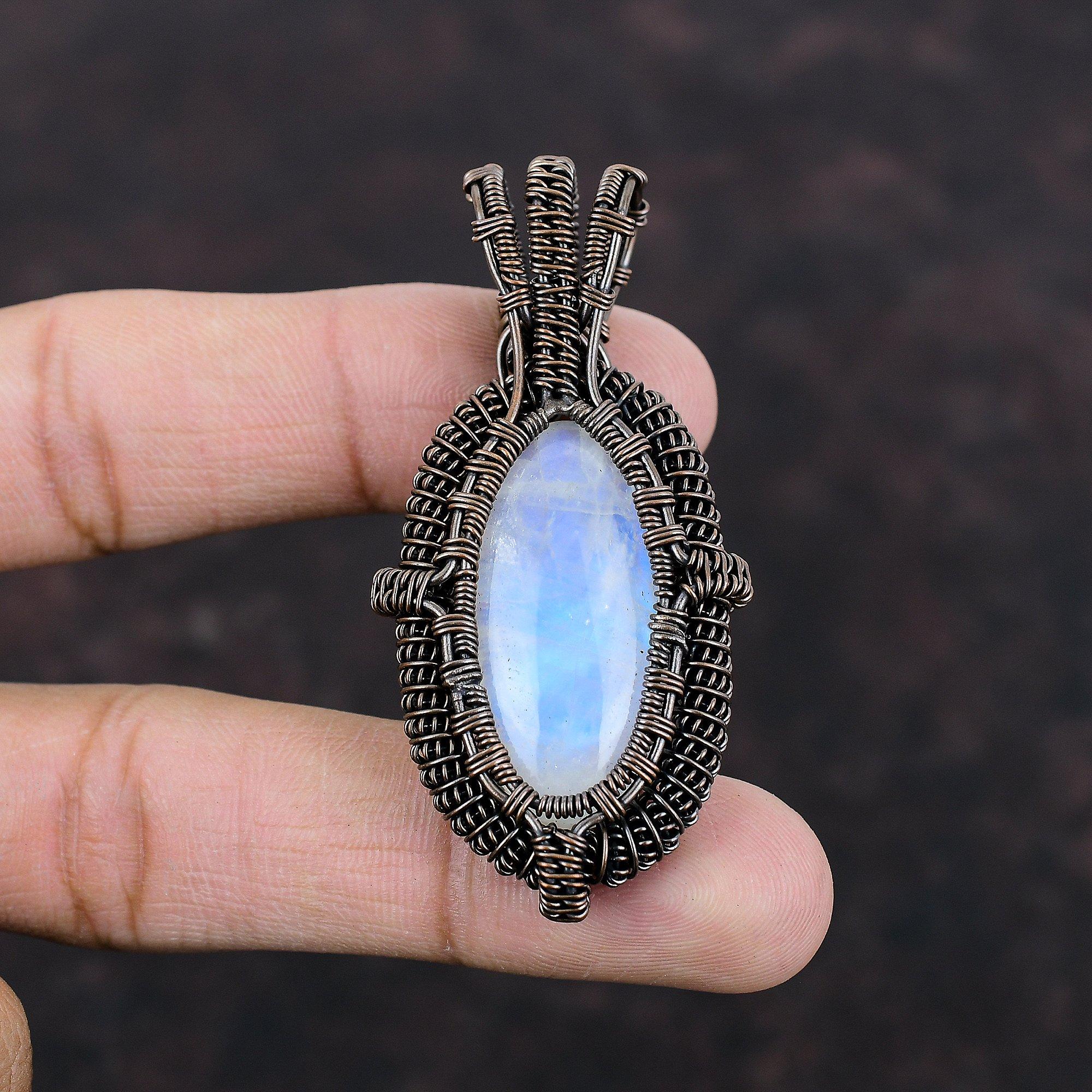 Colgante de piedra lunar arcoíris envuelto en alambre de cobre, joyería de piedras preciosas de alta calidad, colgante hecho a mano, increíble colgante de joyería de cobre para regalo