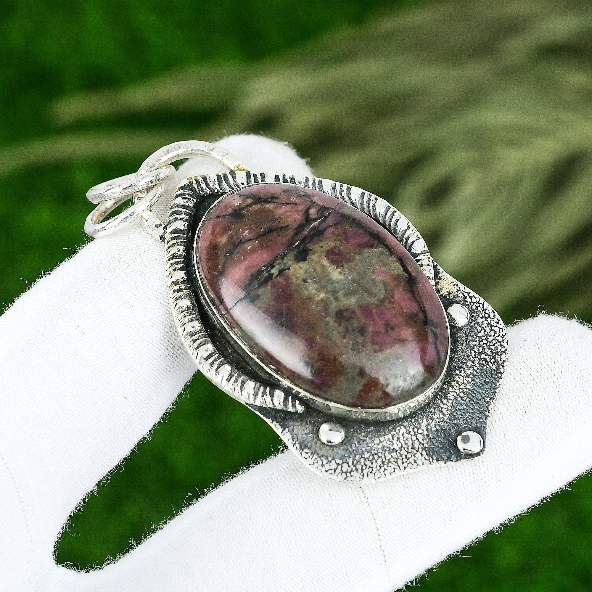 Memorial Day Deal Oval Rhodonite Stone Sterling Silver Engagement Bezel Pendant