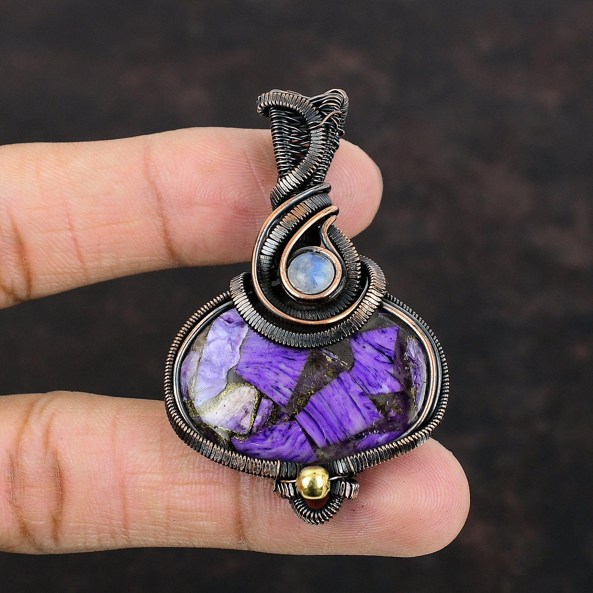Copper Charoite Pendant Copper Wire Wrapped Pendant Real Gemstone Jewelry Handmade Pendant Rainbow Moonstone Pendant Amazing Copper Jewelry