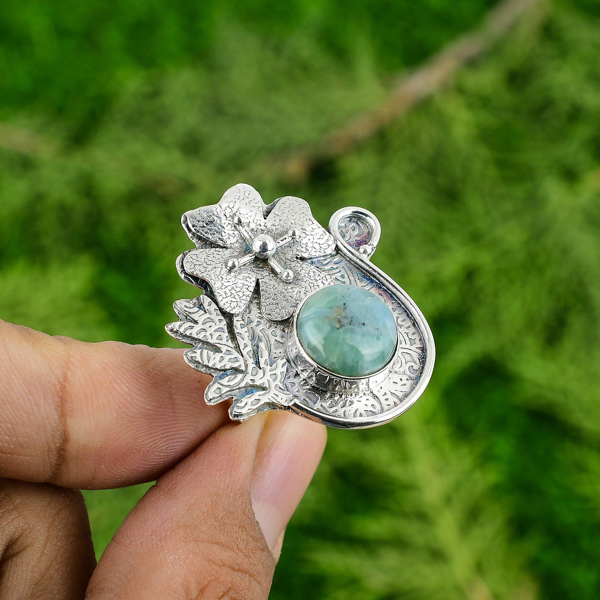 925 Sterling Silver Round Larimar Gemstone Flower Bezel Birthday Ring Jewelry
