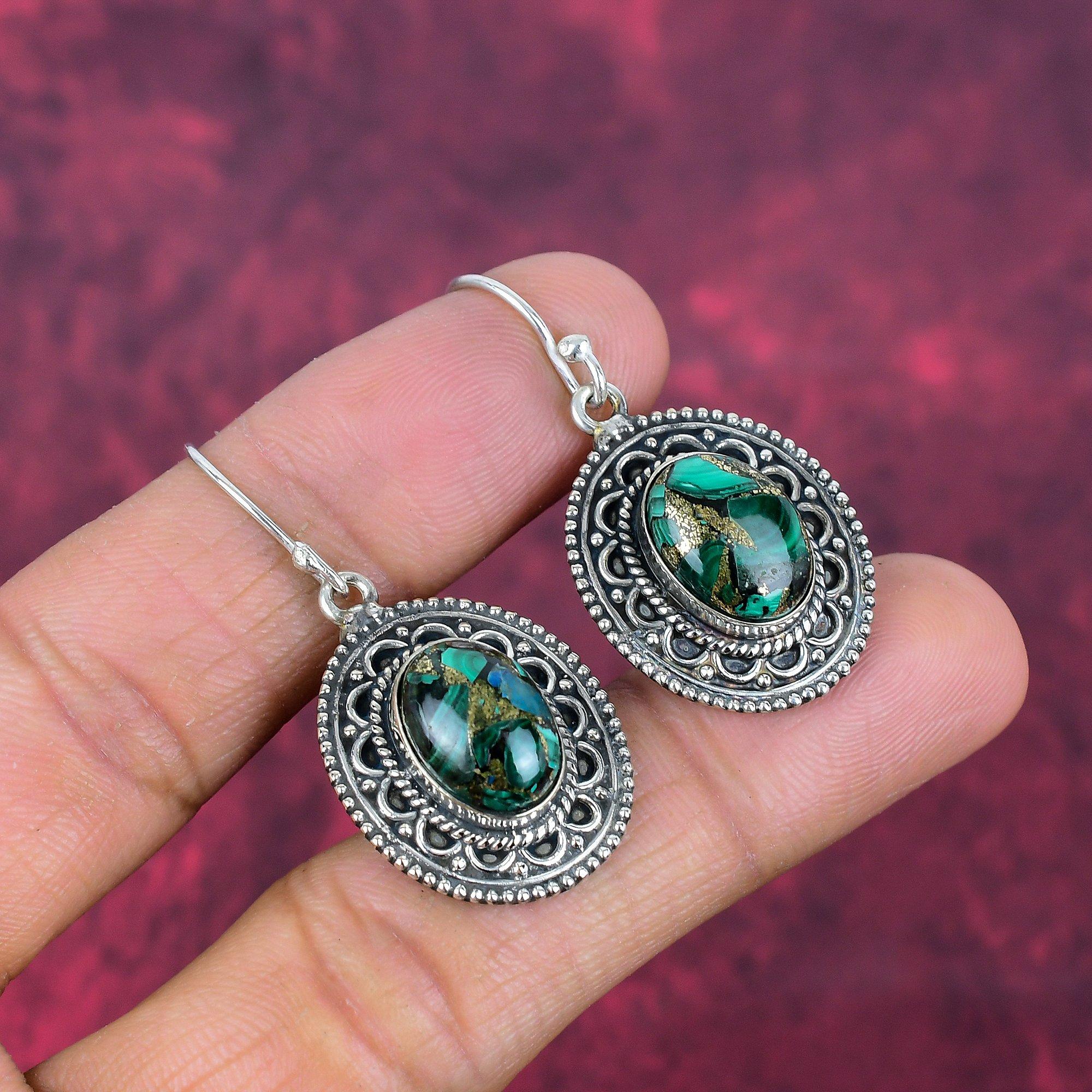 Copper Malachite 925 Solid Sterling Silver Earrings, Handmade Gemstone Earrings Jewelry, Gifts For Wife Brand New Earrings