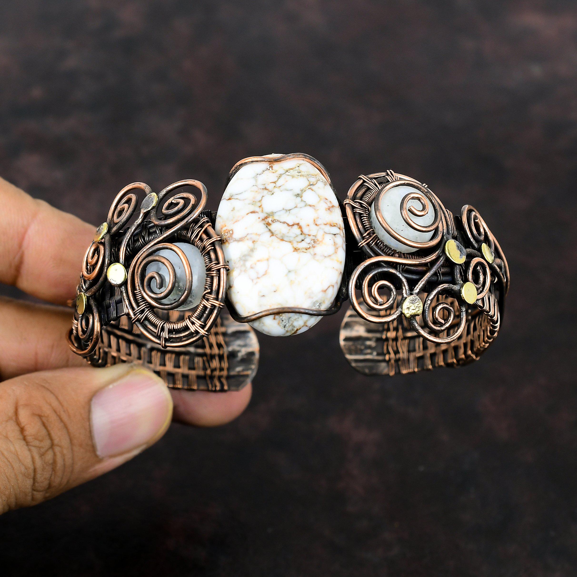 Wild Horse Magnesite Cuff Bracelet Rainbow Moonstone Bangle Copper Wire Wrapped Adjustable Bangle Handmade Gemstone Bracelet Copper Jewelry