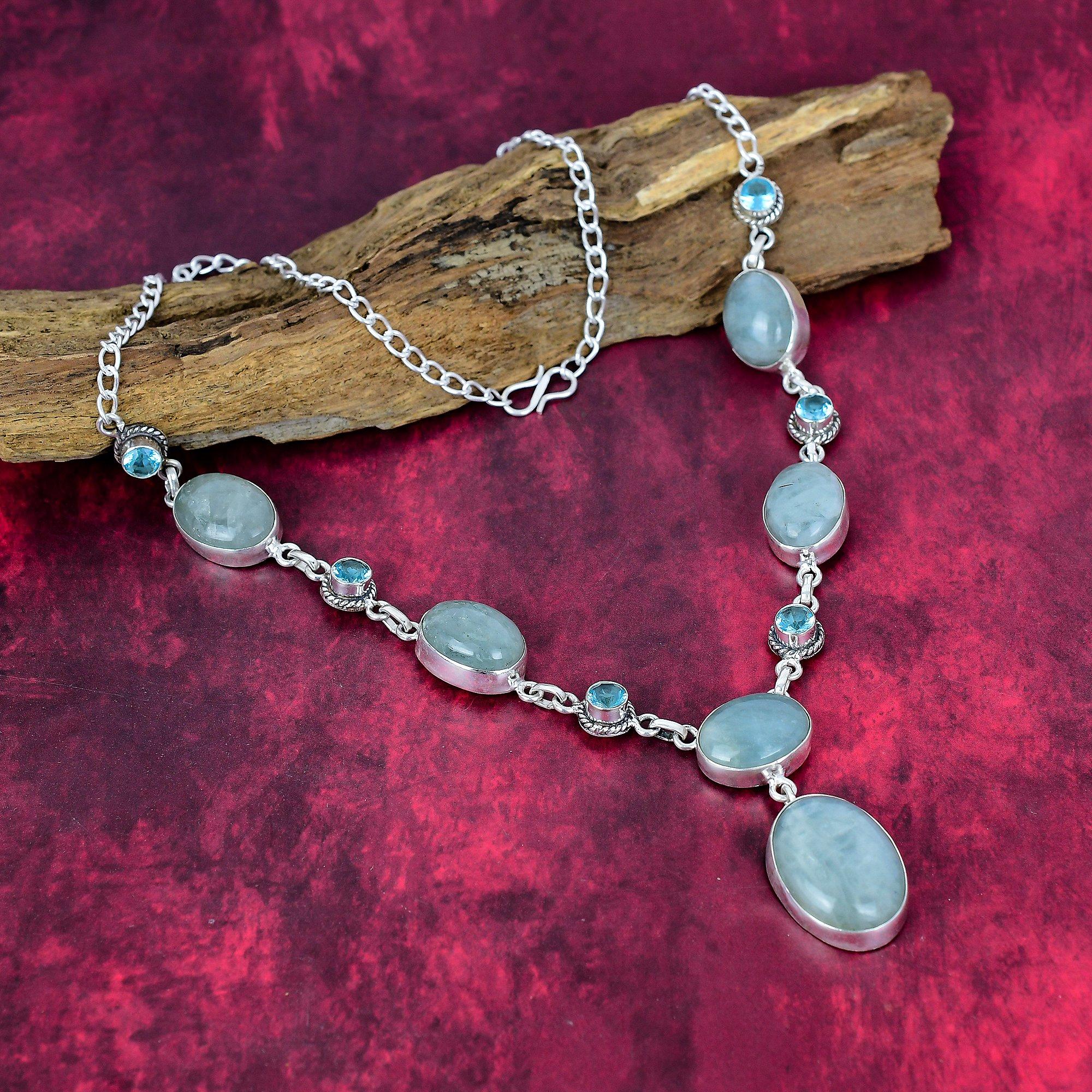 Aquamarine & Blue Topaz Handmade Latest Design Jewelry Necklace, 925 Solid Sterling Silver Gemstone Necklace, Gift For Mother