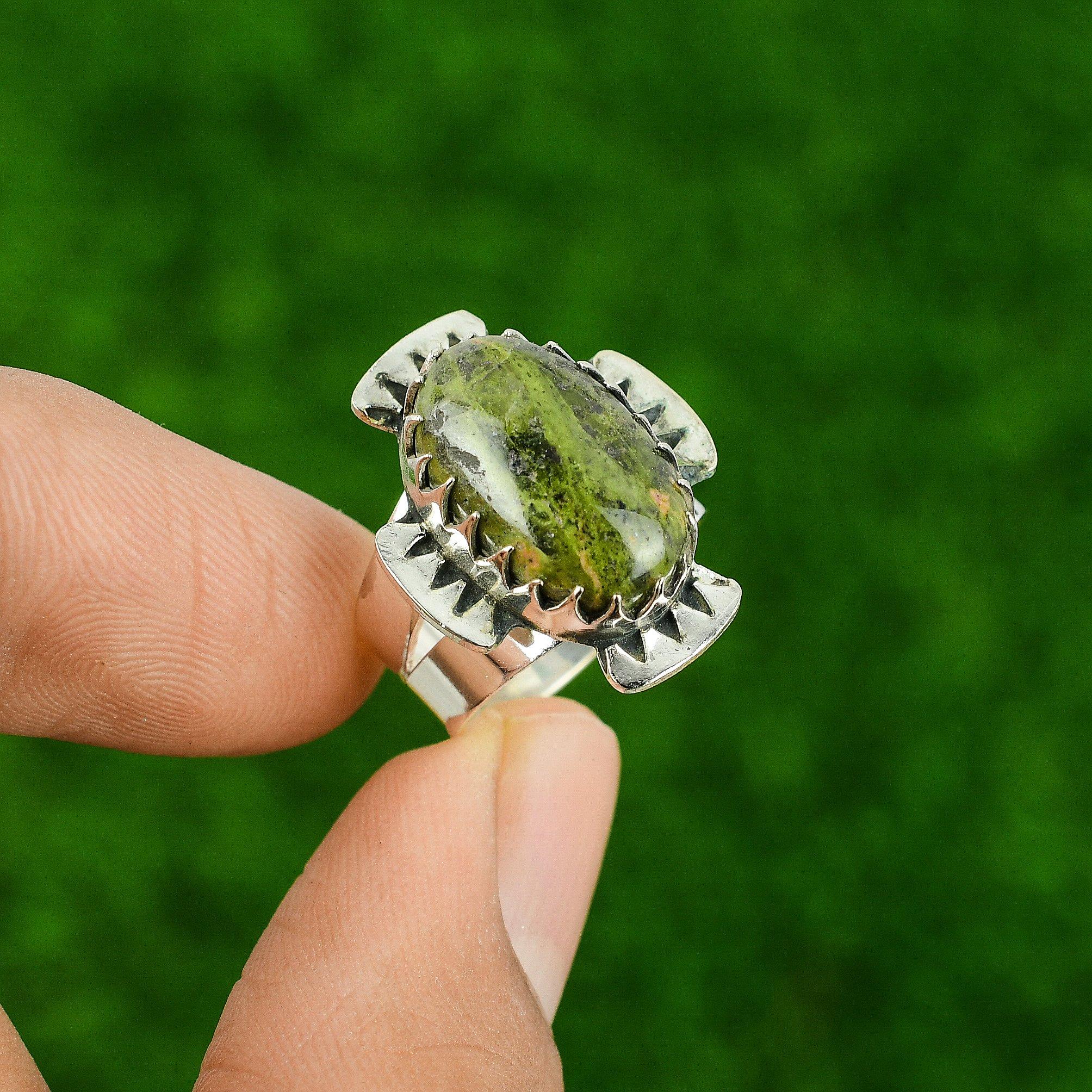 Oval Unakite Stone Sterling Silver Promise Birthday Statement Handmade Ring US 6