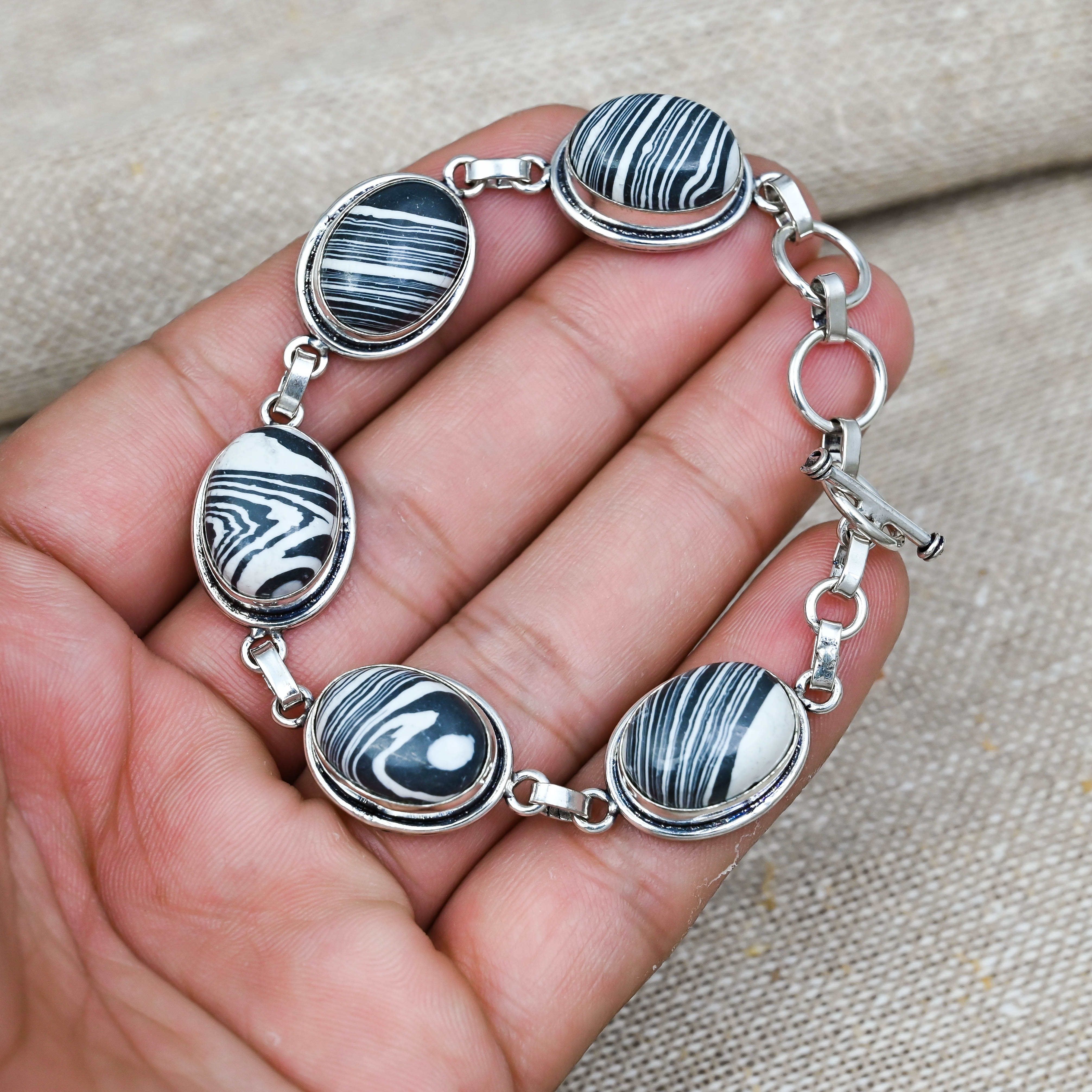Zebra Jasper Gemstone Handmade 925 Solid Sterling Silver Jewelry Exquisite Bracelet For Women