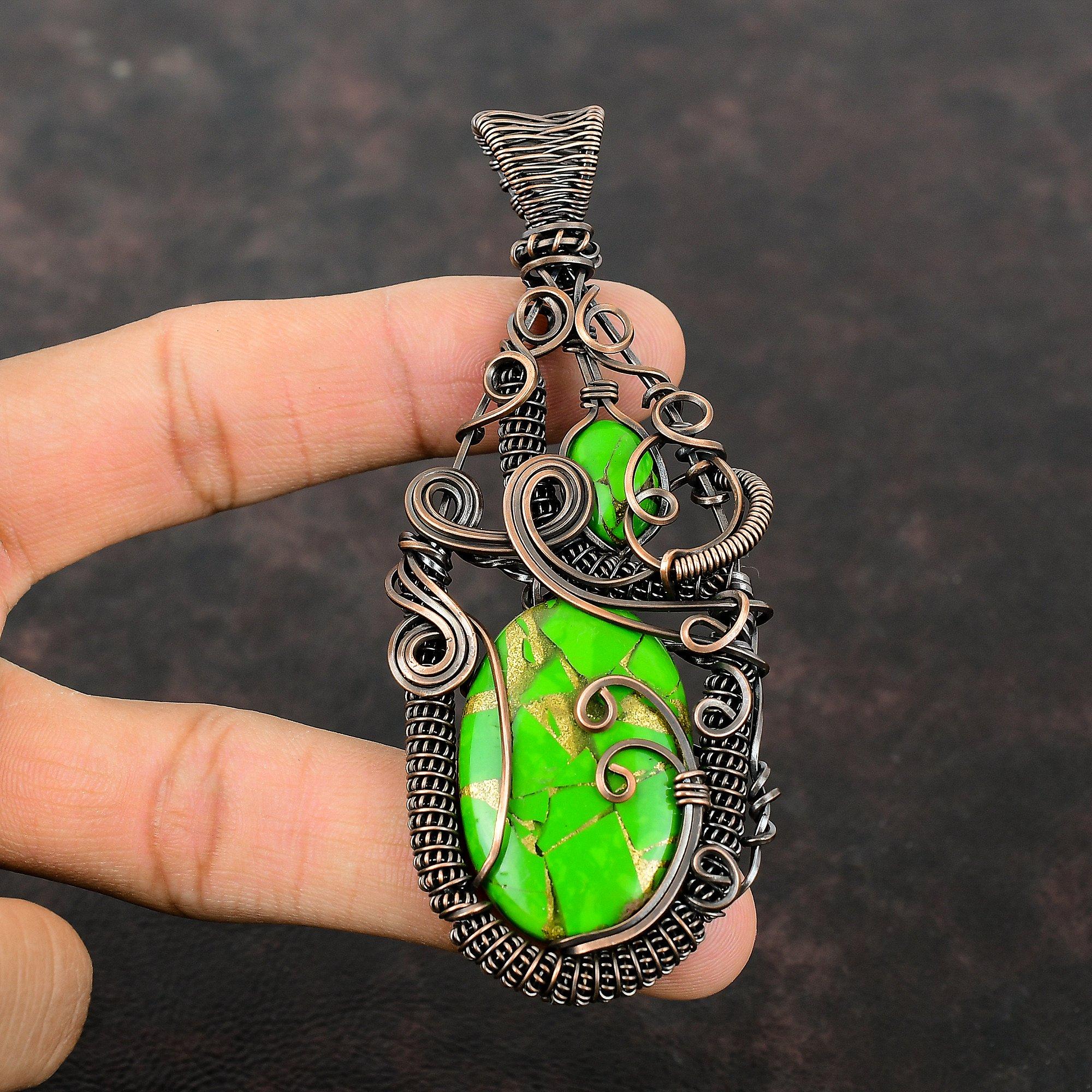 Copper Green Turquoise Pendant Copper Wire Wrapped Gemstone Pendant Handmade Pendant Beautiful Copper Jewelry Wedding Gift Wire Wrap Jewelry