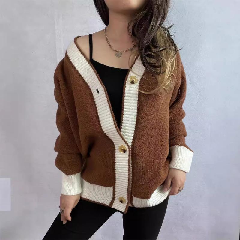 Color Blocking Cardigan V-neck Sweater Women's Loose Knitted Coat Large Size Knitwear Soft Fabric Warm Comfortable Harajuku Style Autumn Winter