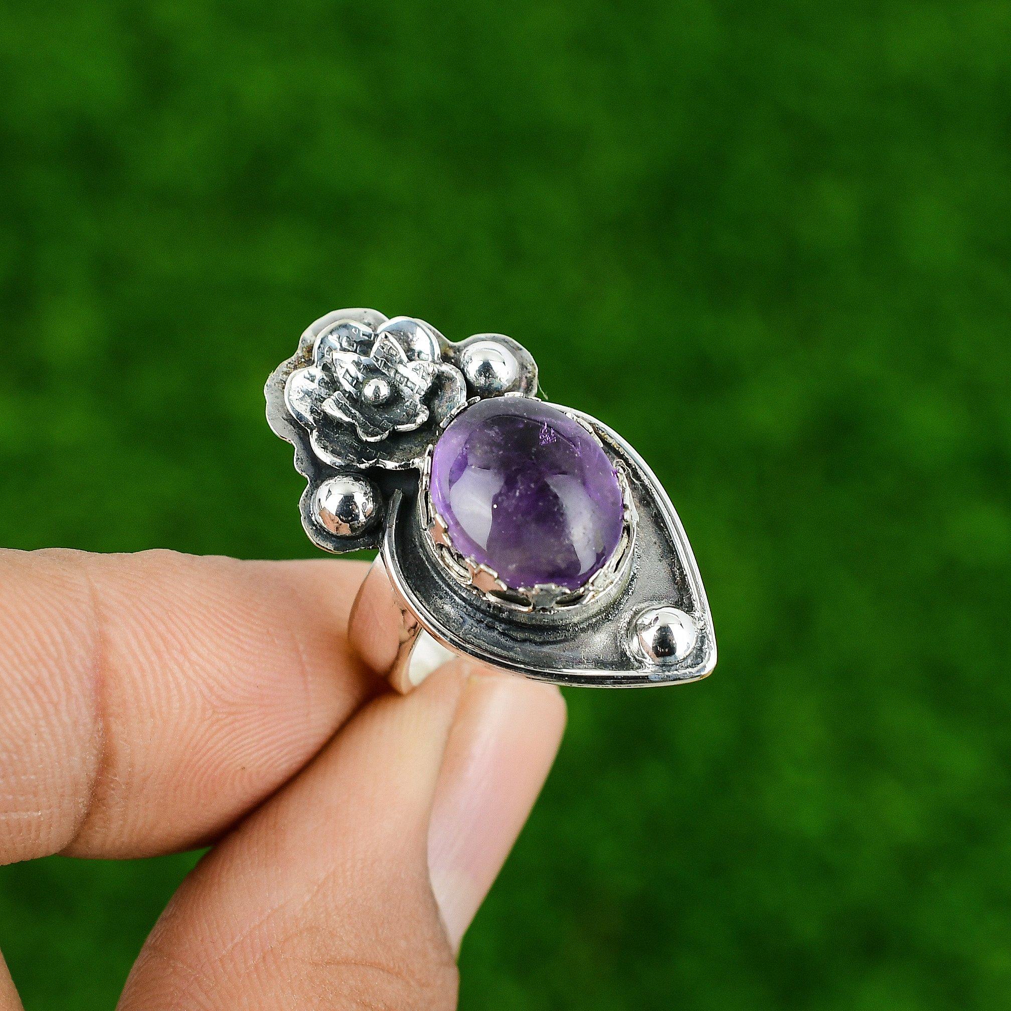 Natural African Amethyst 925 Silver Promise Flower Adjustable Ring For Girls