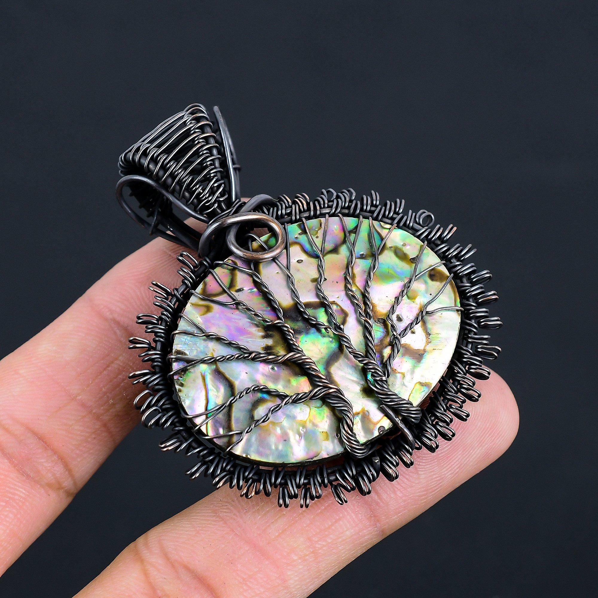 Doppelter Lebensbaum, Abalone-Muschel, Edelstein, handgefertigt, Kupferdraht, Wickelanhänger, Schmuck für Frauen