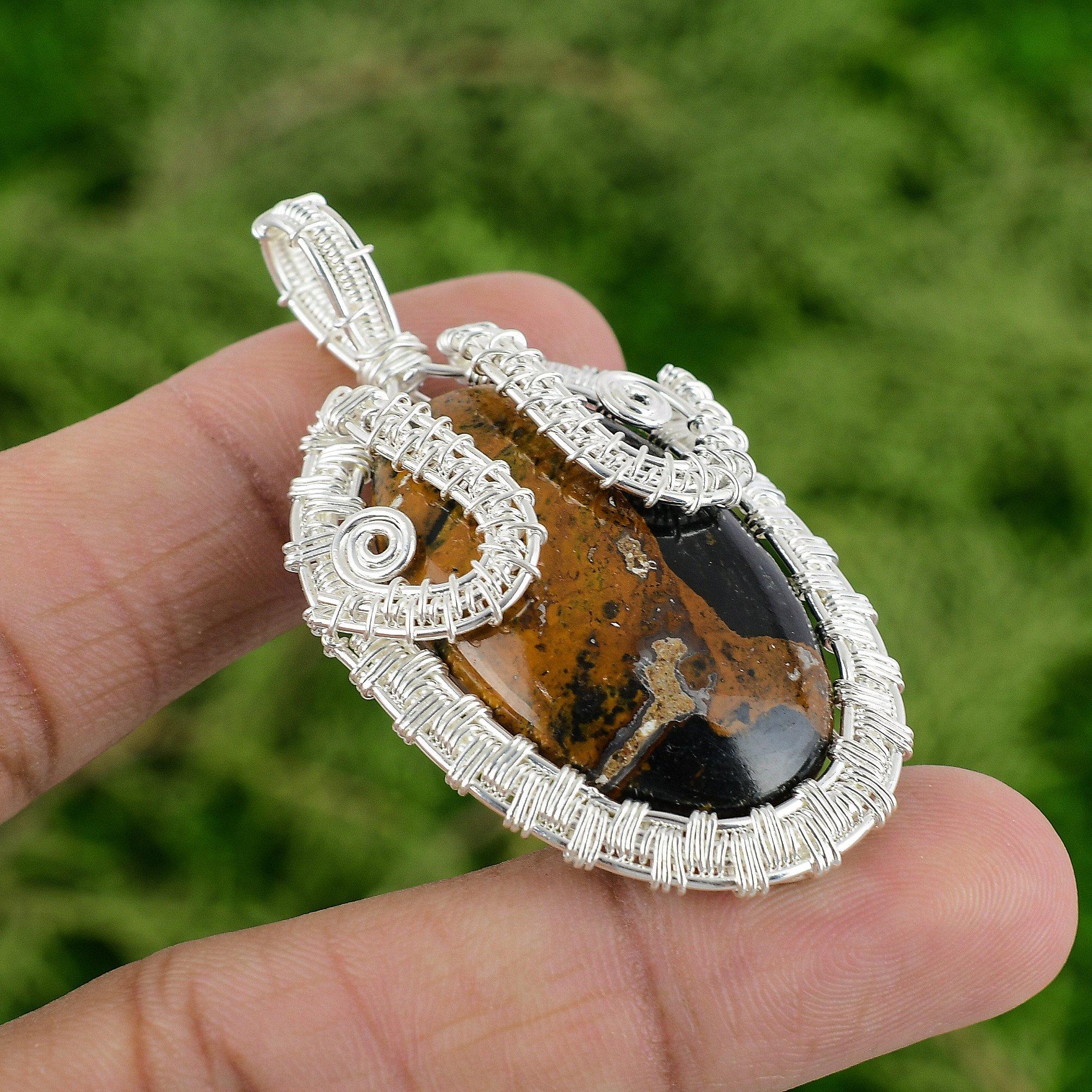 Oval Natural Bauxite Unique Wire Wrap Sister Pendant Jewelry 925 Sterling Silver