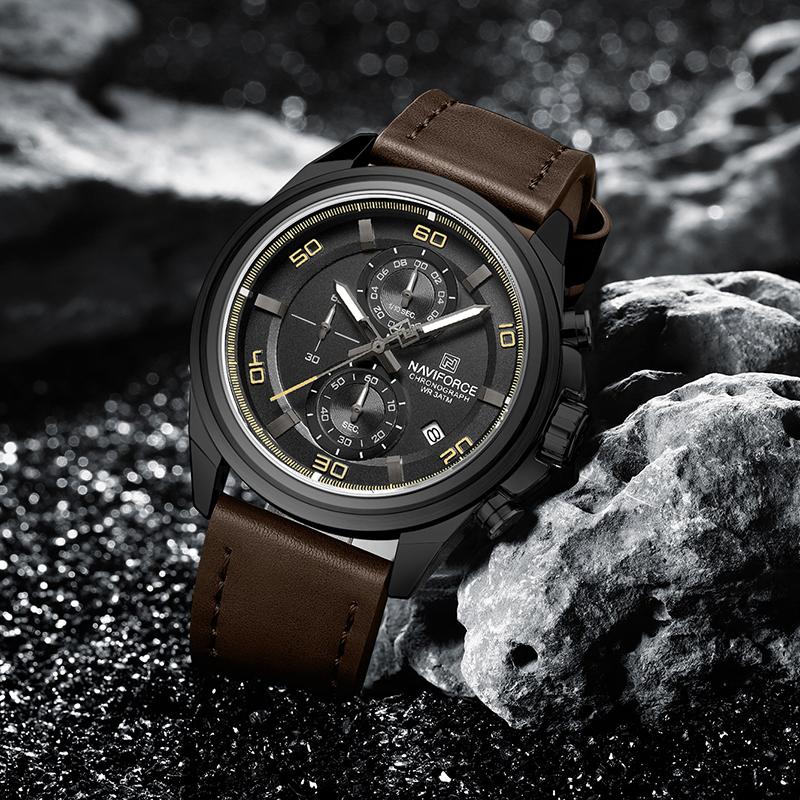 NAVIFORCE Men's Leather Watch Stopwatch Chronograph Calendar Luminous Hand Waterproof 3ATM Casual Business Fashion Watch NF8075