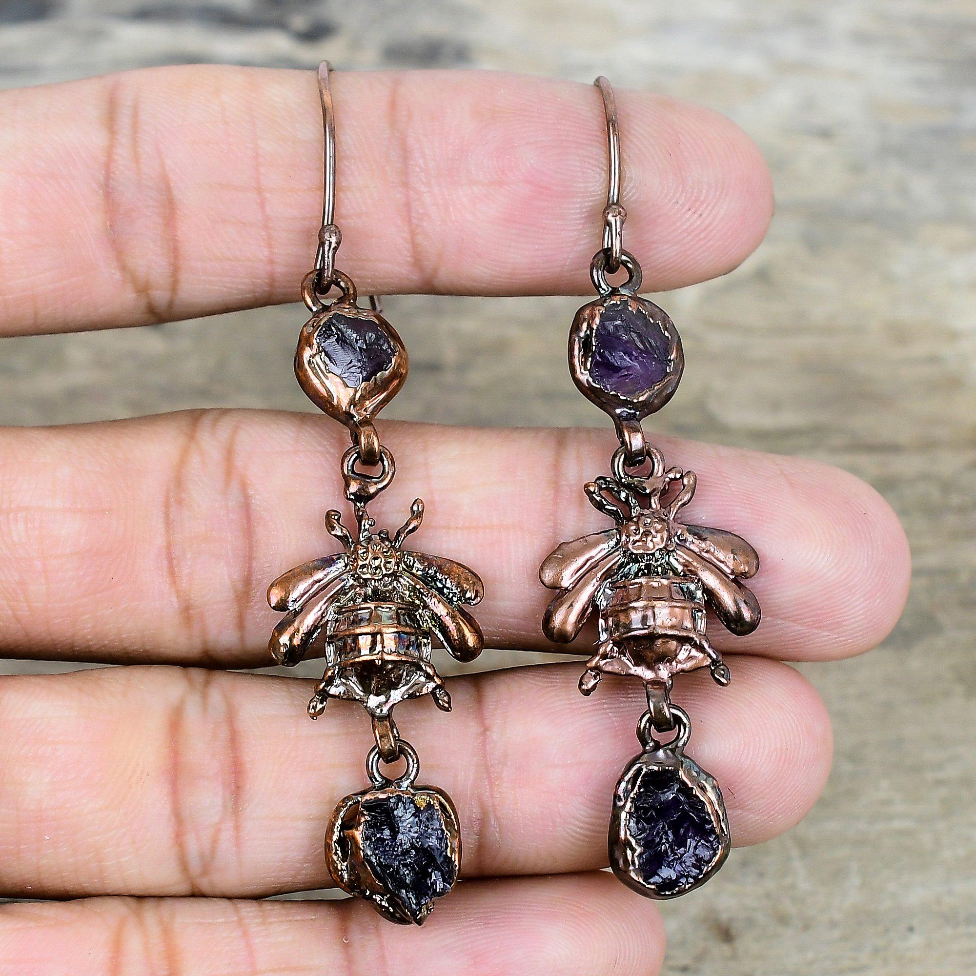 African amethyst rough earring electroformed copper earrings gemstone jewelry honey bee earring handmade copper jewelry anniversary gifts
