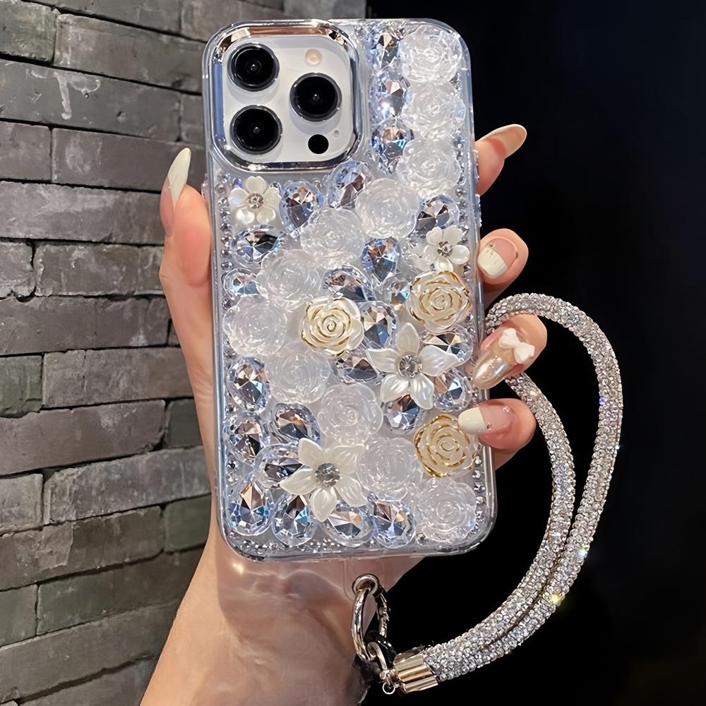 Glitter Crystal Rhinestone Floral Phone Case For Motorola Edge 60 Fusion 50 Neo Ultra Pro 40 Wrist Strap Gift girl