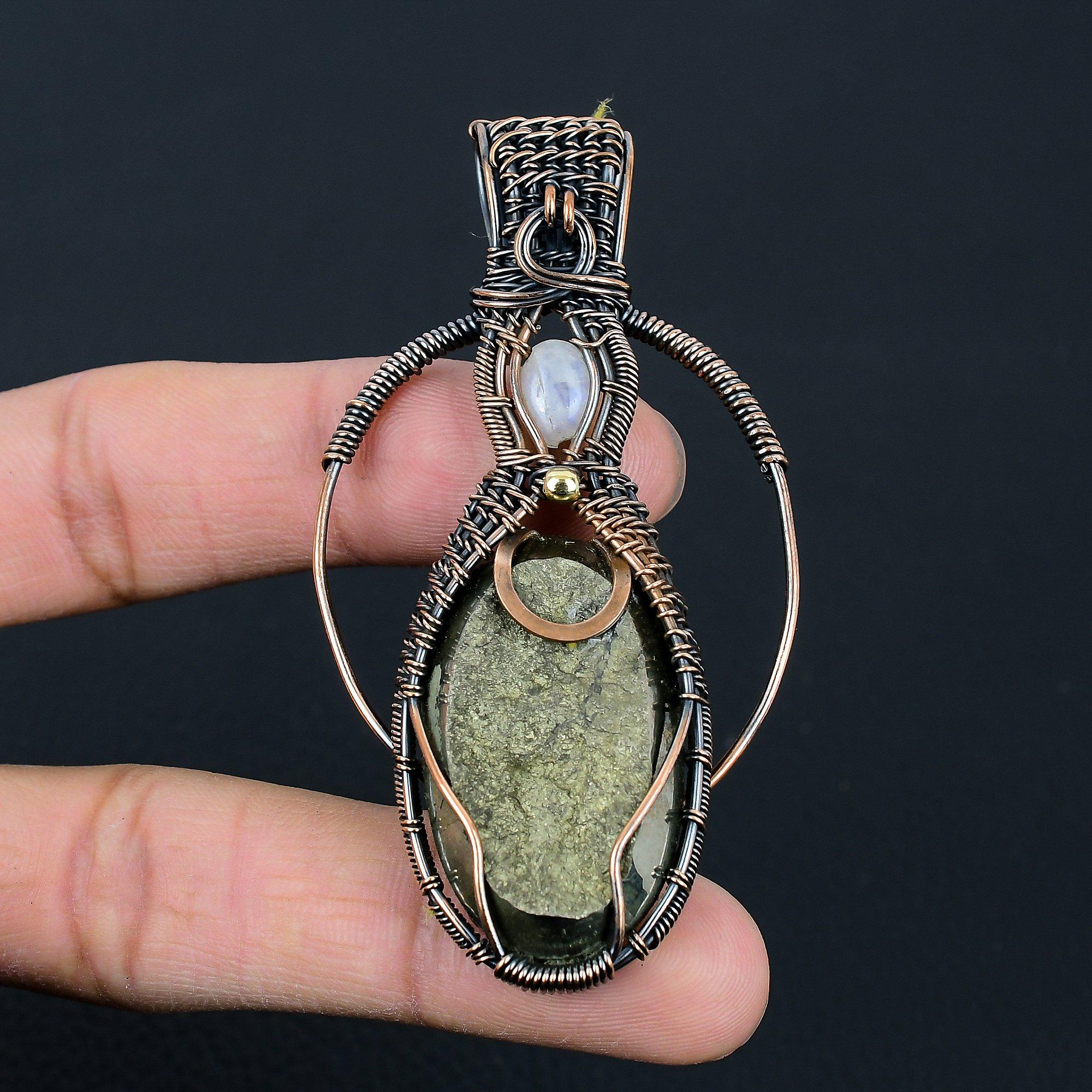 Green Opal & Moonstone Gemstone Handmade Copper Wire Wrap Jewelry Pendant For Love