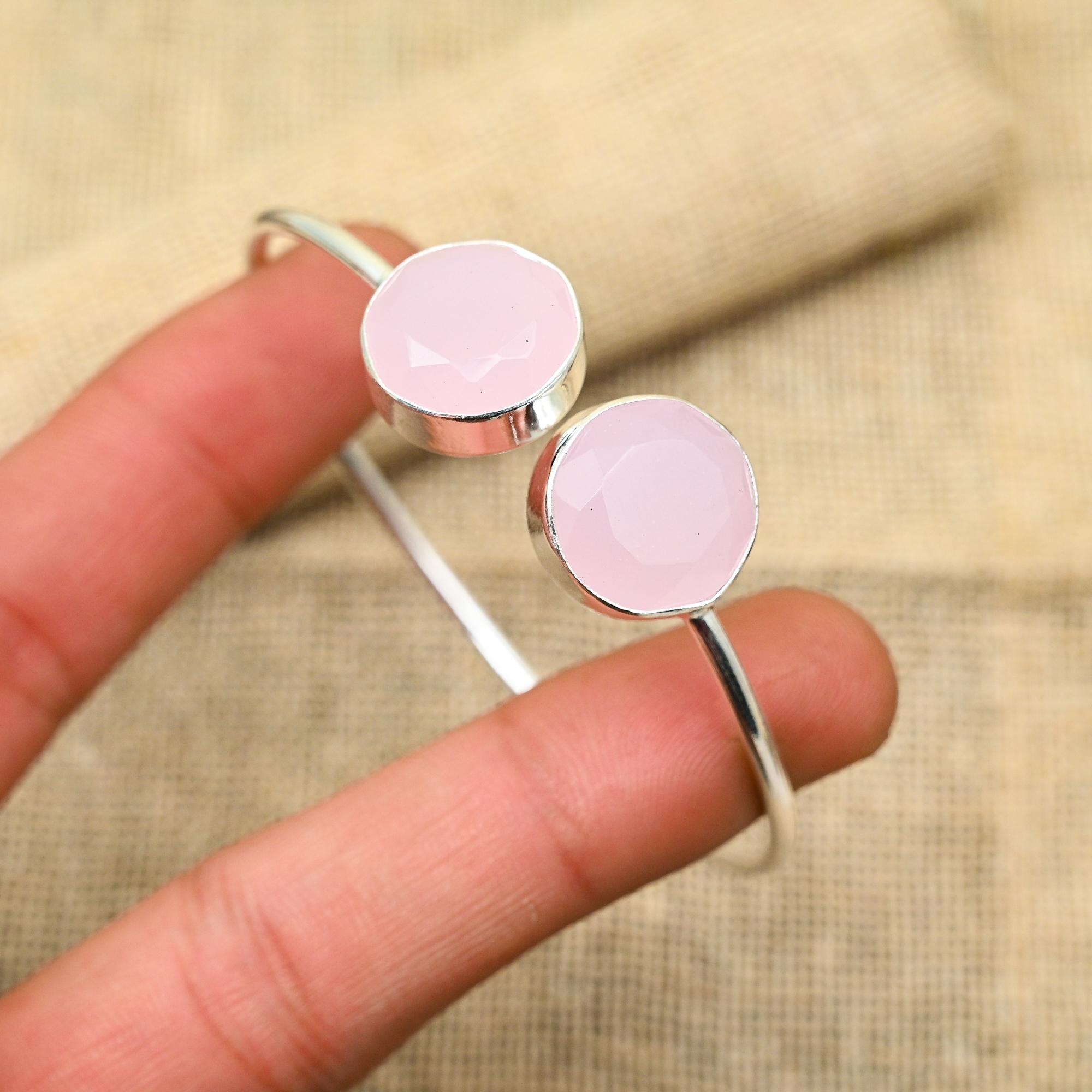 Pink Chalcedony Gemstone Handmade 925 Sterling Silver Jewelry Adjustable Cuff For Women