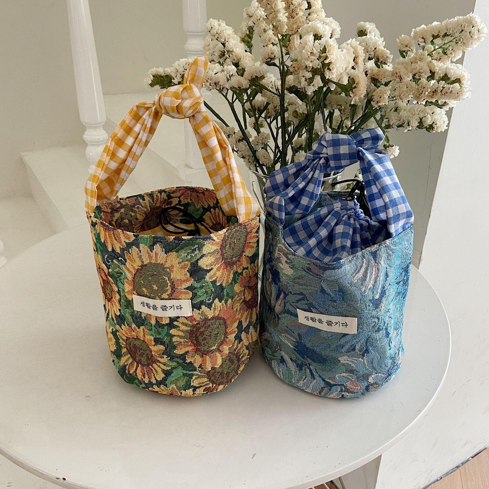 Women Oil Painting Handheld Lunch Box Bucket Canvas Bag