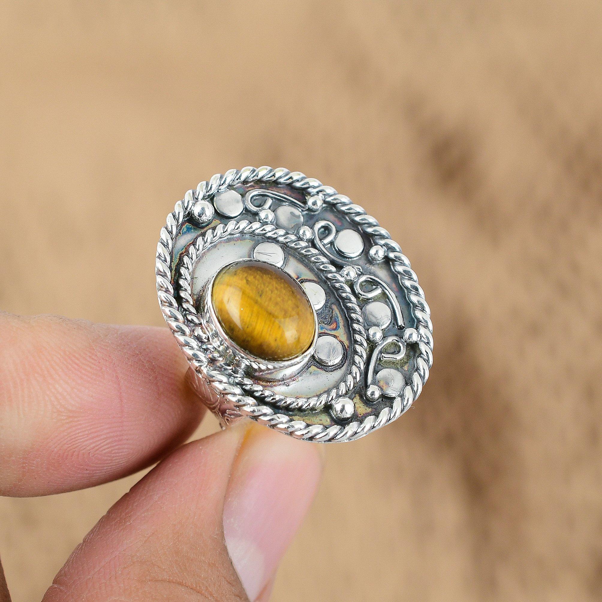 Mothers day Deal Oval Sacral Chakra Tiger's Eye Stone Ring Jewelry 925 Silver